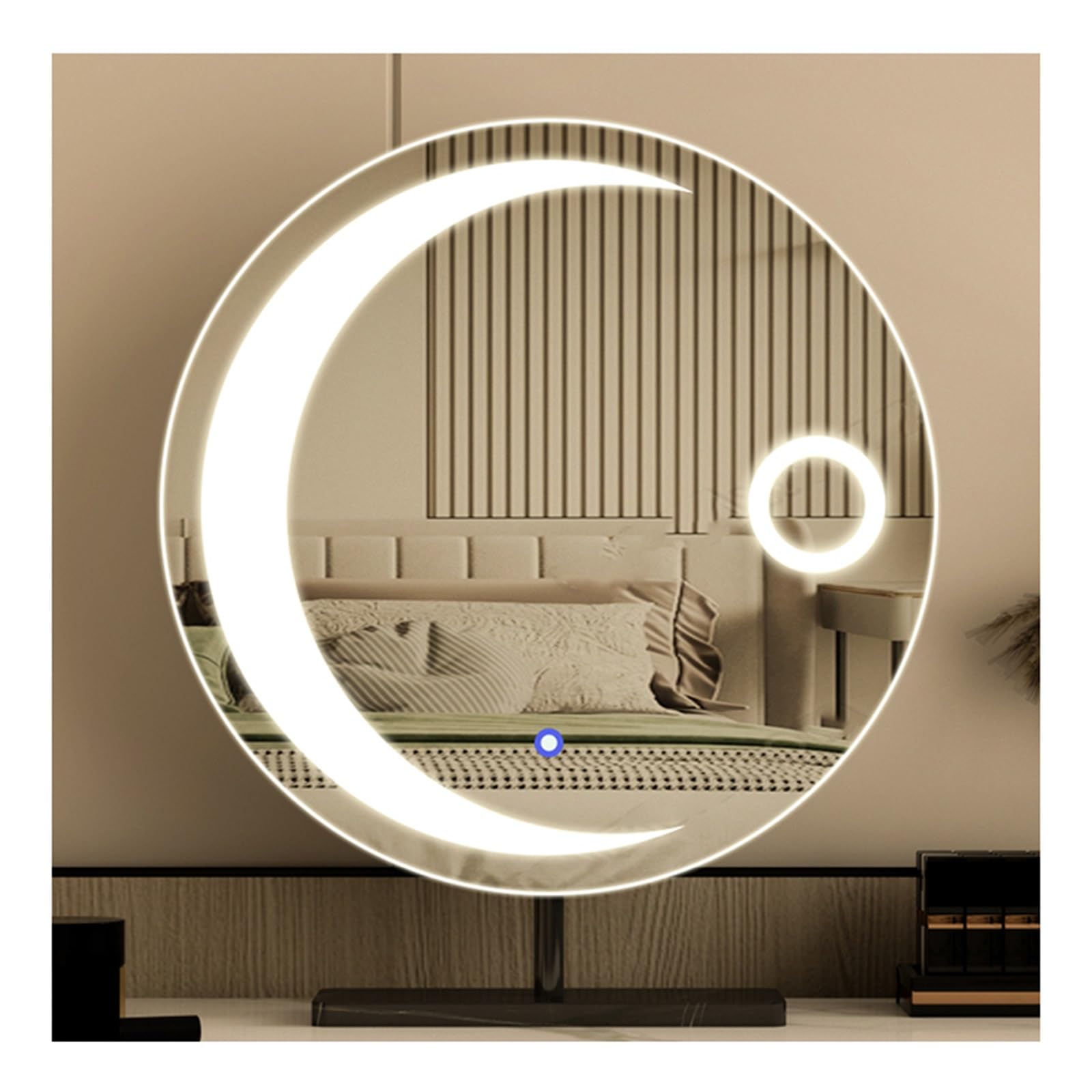 Miroir de maquillage intelligent avec lumières et cadre en métal rond pour bureau