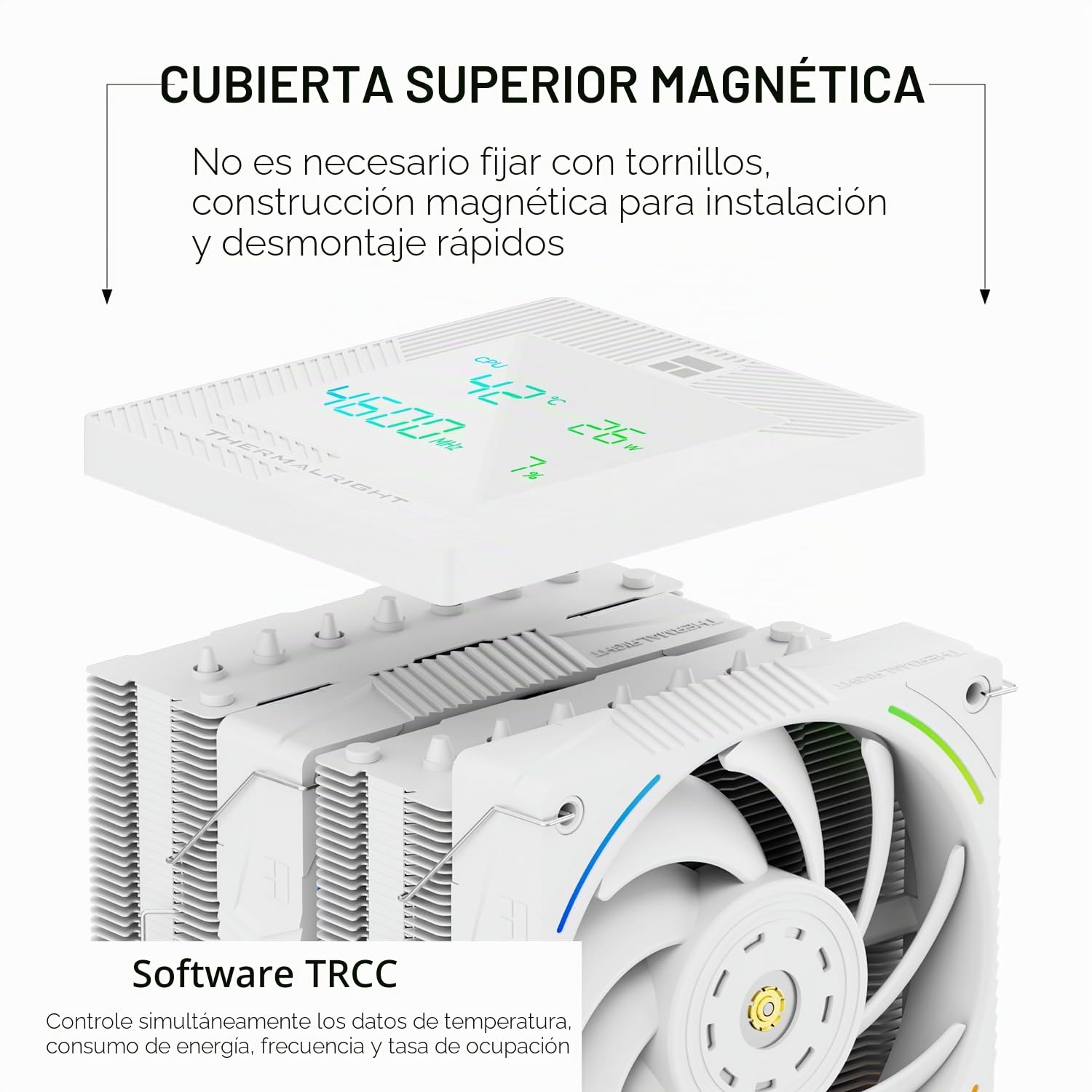 Refrigerador de aire para CPU TR-Thermalright Phantom Spirit 120 Digital Snow, torre doble con 7 tubos de calor, ventiladores PWM duales - 2150 RPM, cubierta superior con pantalla digital