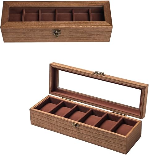 Miniatura 8 de Caja de reloj para hombres y mujeres, tapa de cristal grande, caja de almacenamiento de madera con 6 ranuras, organizador retro Burlywood