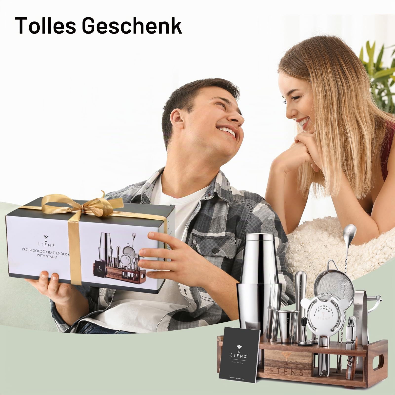 Etens 15-teiliges Barkeeper Set mit Holzständer – Edelstahl Boston Cocktail Shaker Set mit Messbecher, Sieben, Stößel & Bar Zubehör – Profi-Mixologie Cocktail Set Geschenk für Zuhause & Bar