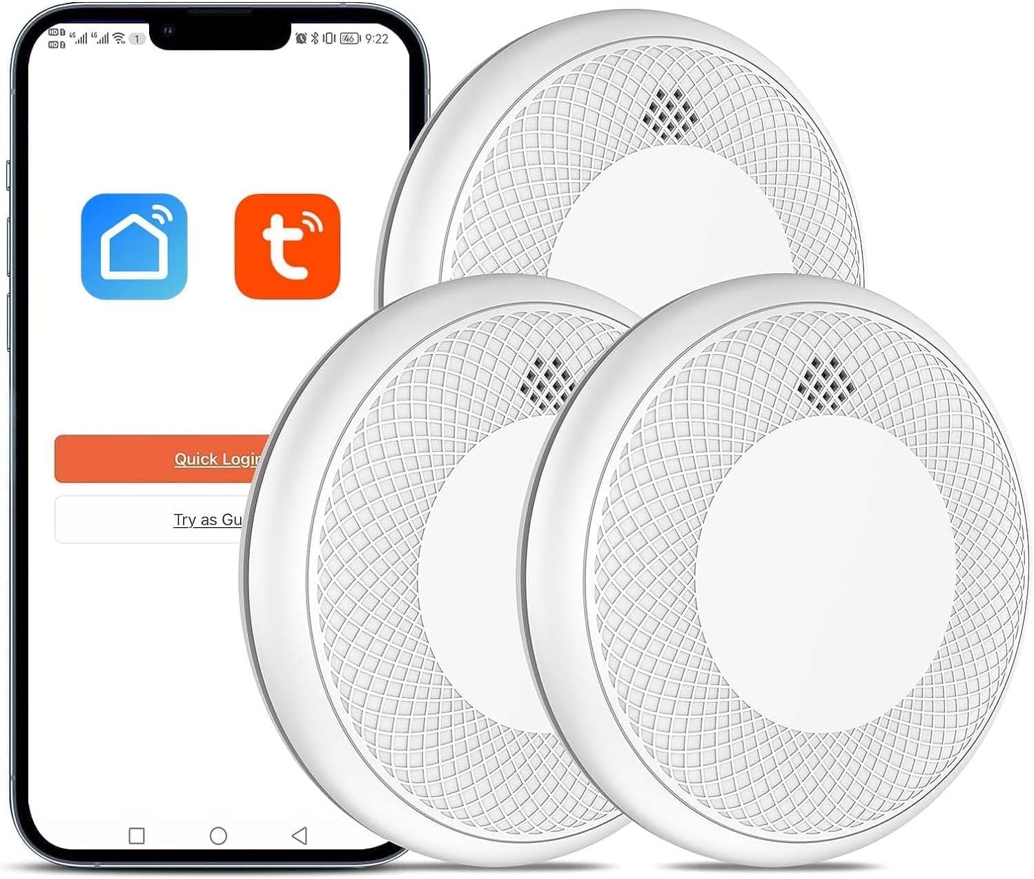 Detector de Humo Inteligente Wi-Fi, batería de 10 años con notificación Mediante aplicación, función silenciosa y autoprueba, Compatible con EN 14604, 3 Pieza (Compatible con App Tuya/Smart Life)
