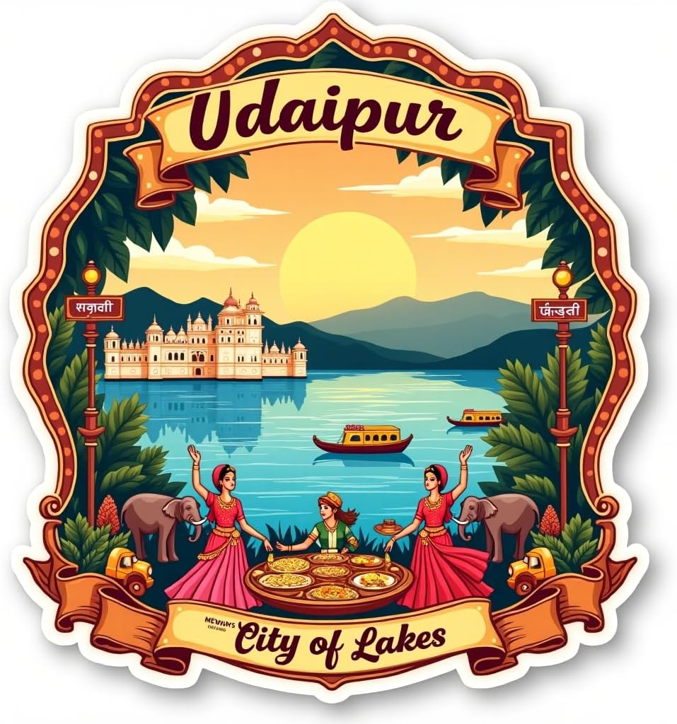 Naxon Udaipur City of Lakes Fridge Magnet | Beautiful Rajasthan Travel Souvenir | Lake Pichola City Palace Jag Mandir Magnet | Home Kitchen Office Decor | 3x3 Inch Wooden Multicolor Gift | Pack of 1