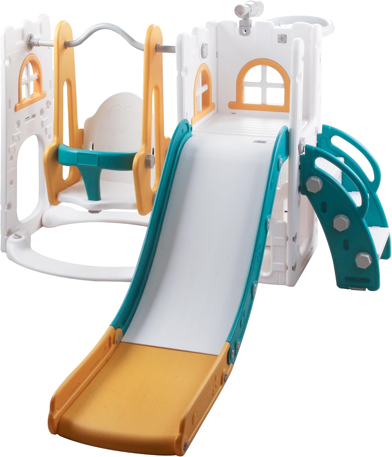 6 in 1 Toddler Slide & Swing Set, Kids Slide and Swing Combo with Basketball Hoop and Telescope, Toddler Playset with Storage Space and Non-Slip Steps, Indoor Outdoor Playground for Toddlers