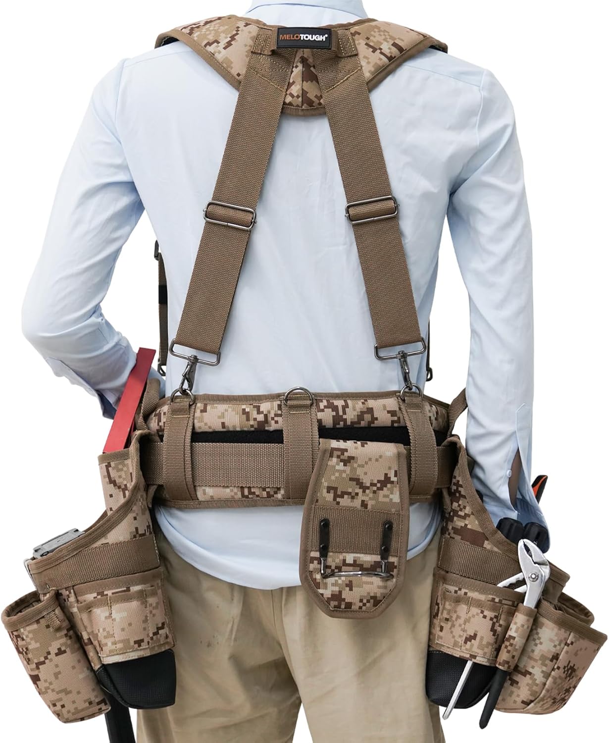 MELOTOUGH Camo Tool Belt with Suspenders Camouflage Tool Pouch Supenders Framers Combo Apron Tool Belt Construction Tool Bag Suspenders Heavy Duty Carpenter Suspension Rig for Electrician(Kahki Camo) - Image 7