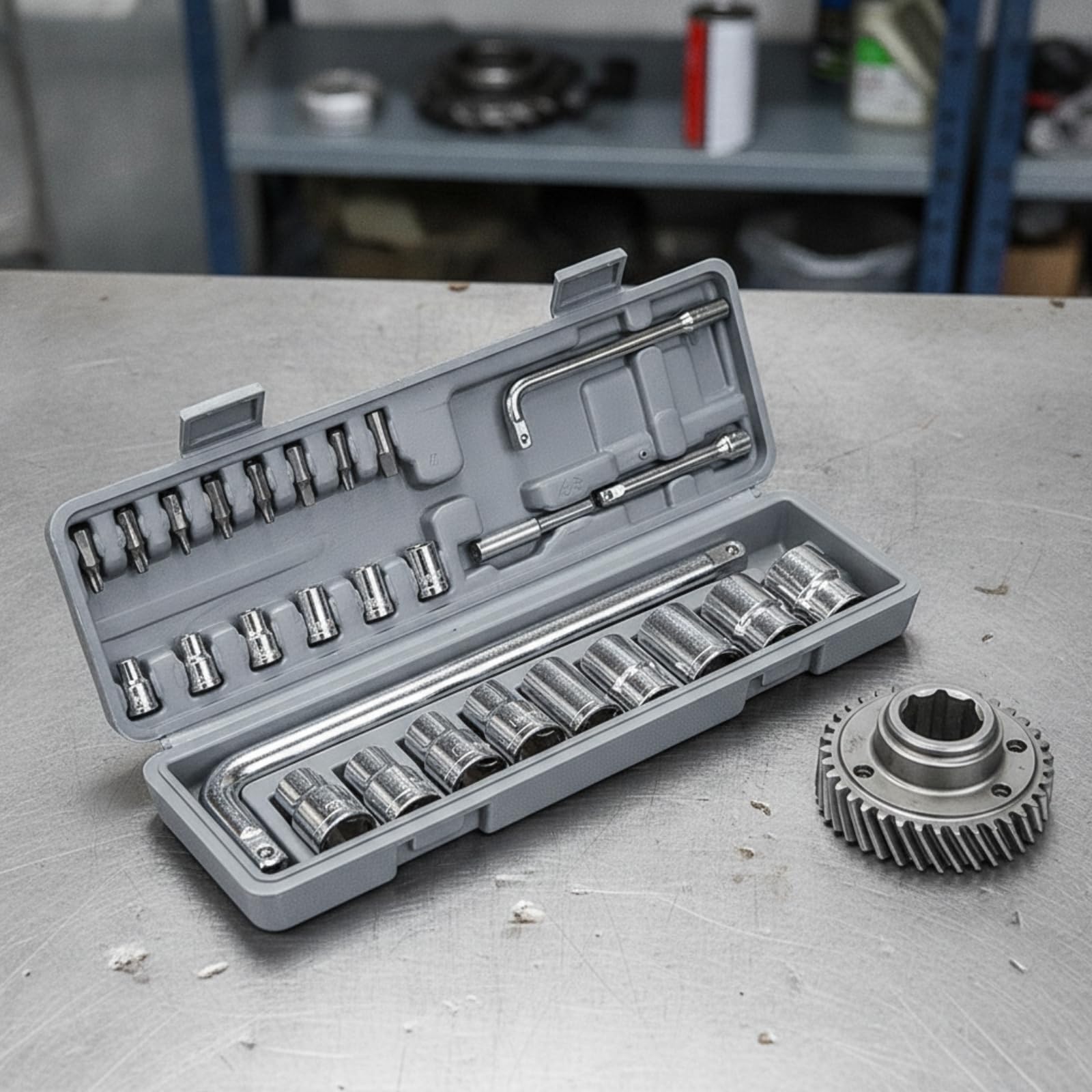 27 Kfz Reparatur Werkzeug Koffer mit Steckschlüssel Und Bits aus Gehärtetem Chrom Vanadium mit Praktischem Tragegriff für Auto Wartung Und Schraubendreher Anwendungen
