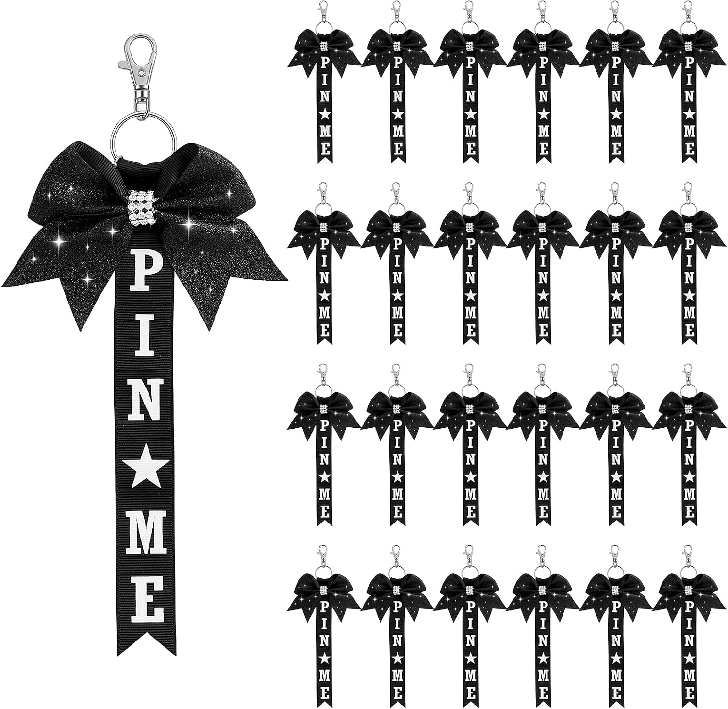 24Pcs Cheer Pin Me Ribbon for Bag, Cheer Pin holder for Cheerleader Gifts for Women Ribbon Keychain with Rhinestones Bow for Cheerleader Bag Backpack