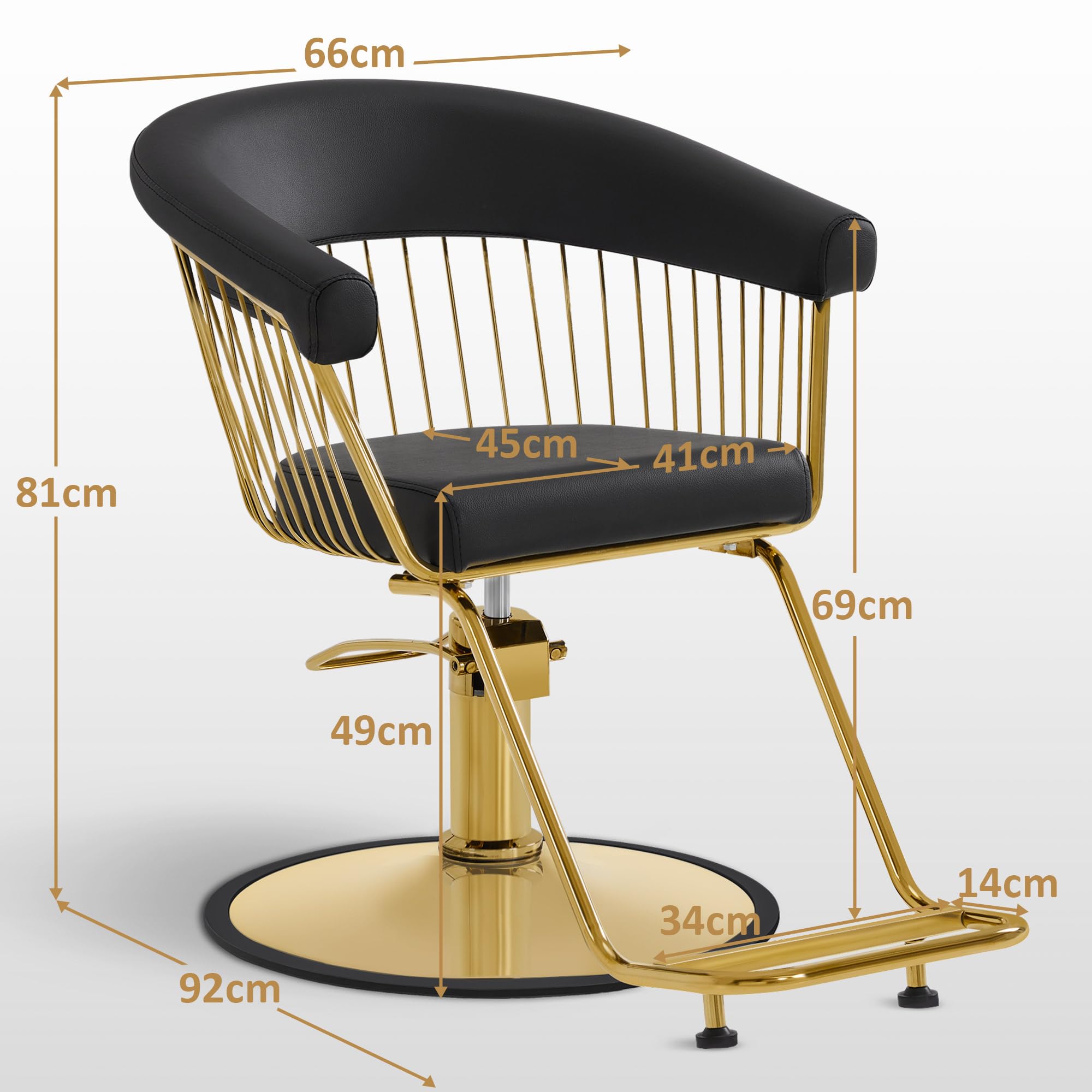 Barberpub Sedia da parrucchiere idraulica regolabile in altezza 13 cm & girevole 360°, seduta per salon, attrezzatura per parrucchieri, ecopelle, sedia servizio per salon, oro-nero, 2053