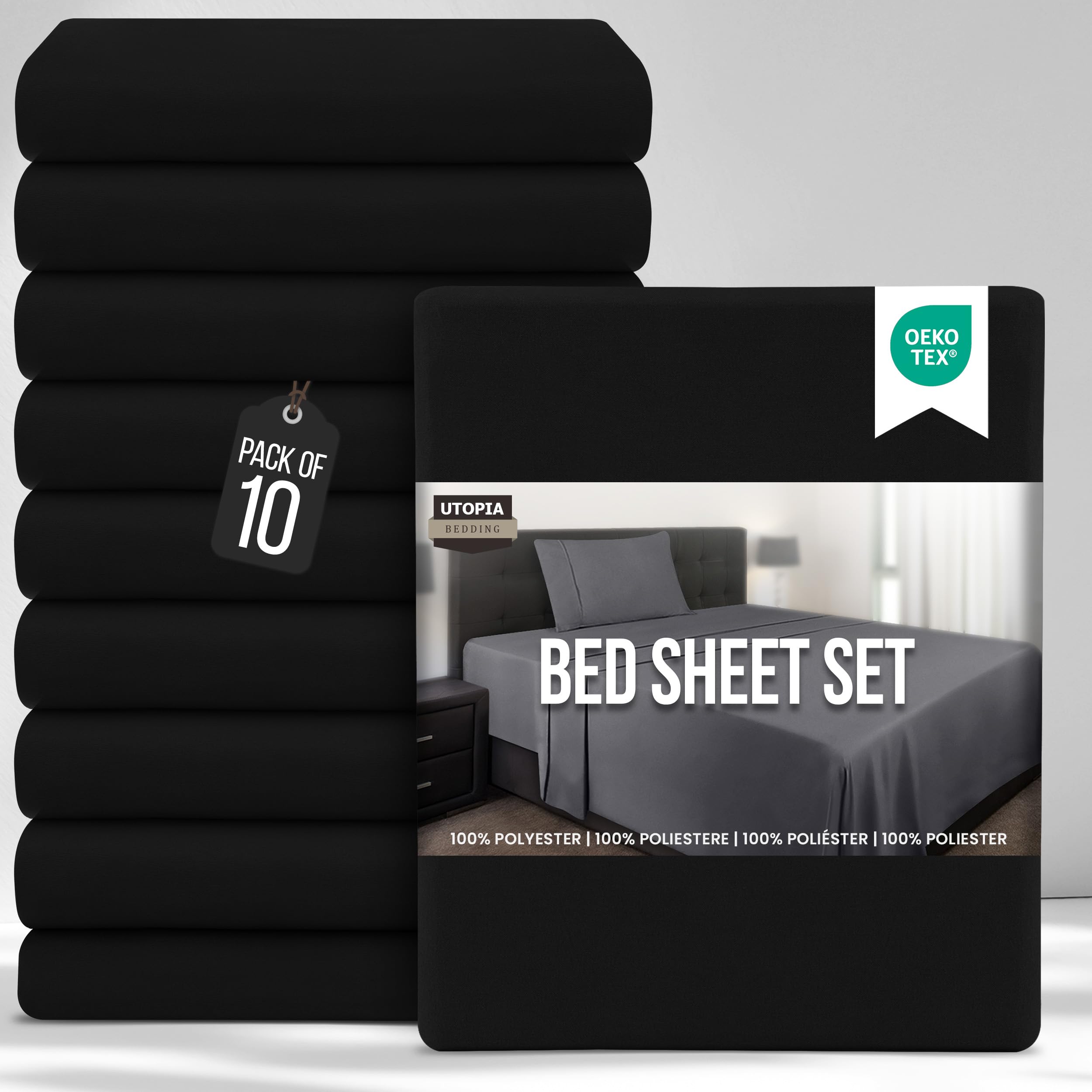 Utopia Bedding Bed Sheets Set Bulk Pack of 10 (Single, Black) – Fitted Sheet, Flat Sheet with Pillow case 50x75 – Wrinkle, Shrinkage & Fade Resistant – Soft Brushed Polyester Microfiber Fabric — image 1