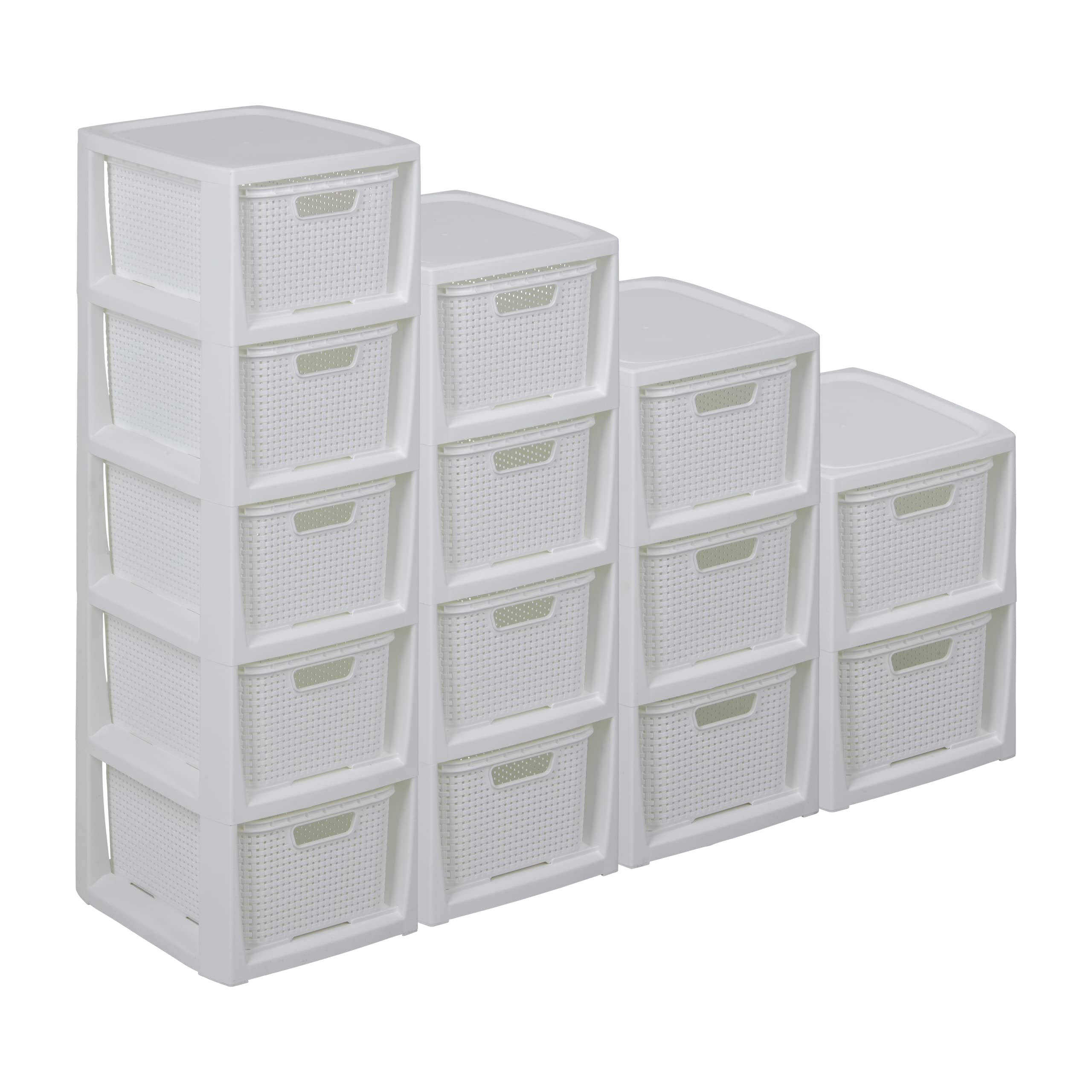BranQ - Home essential Regal in Rattan Design, BPA-freie Kunststoff PP, Weiß, 29,5 x 24 x 80 cm, 5 Körben