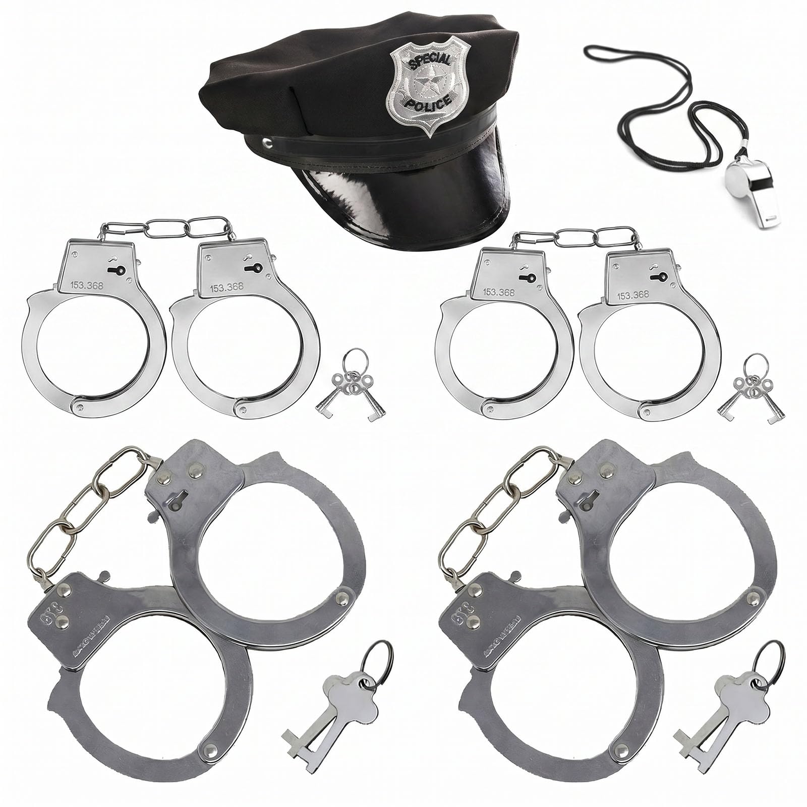 3 otters Toy Handcuffs with Keys and Whistles, Police Hat Costume Accessory Set for Kids, Party Favors and Role Play