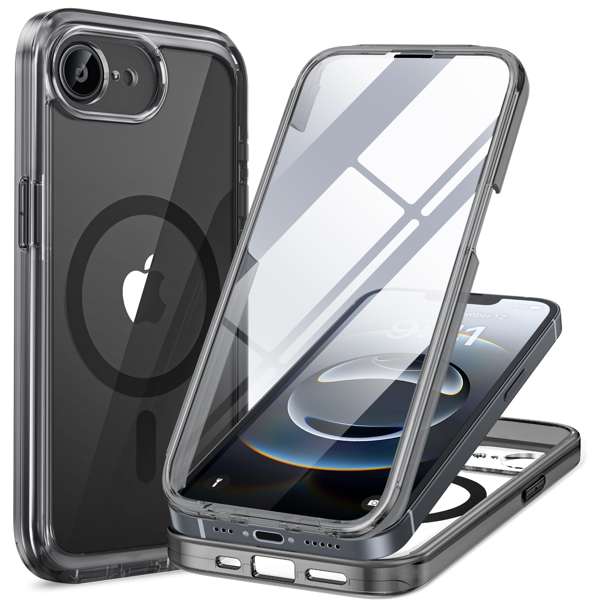 miracase for iPhone 17e Case &amp; iPhone 16e Case, Full-Body Phone with Built-in Glass Screen Protector, [Magnetic with MagSafe] Military Drop Proof 17 E/ 16 E Cover Bumper 6.1 inch, Clear Black
