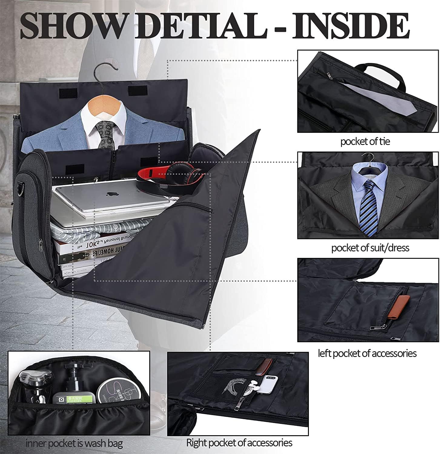 review MOVOYEE Carry On Garment Bag for Women Men Travel,Large Convertible Garment Duffle Bag with Shoe Compartment Pouch Shoulder Strap,2 in 1 Hanging Suitcase Suit Travel Bags Carrier Weekender Bag Black