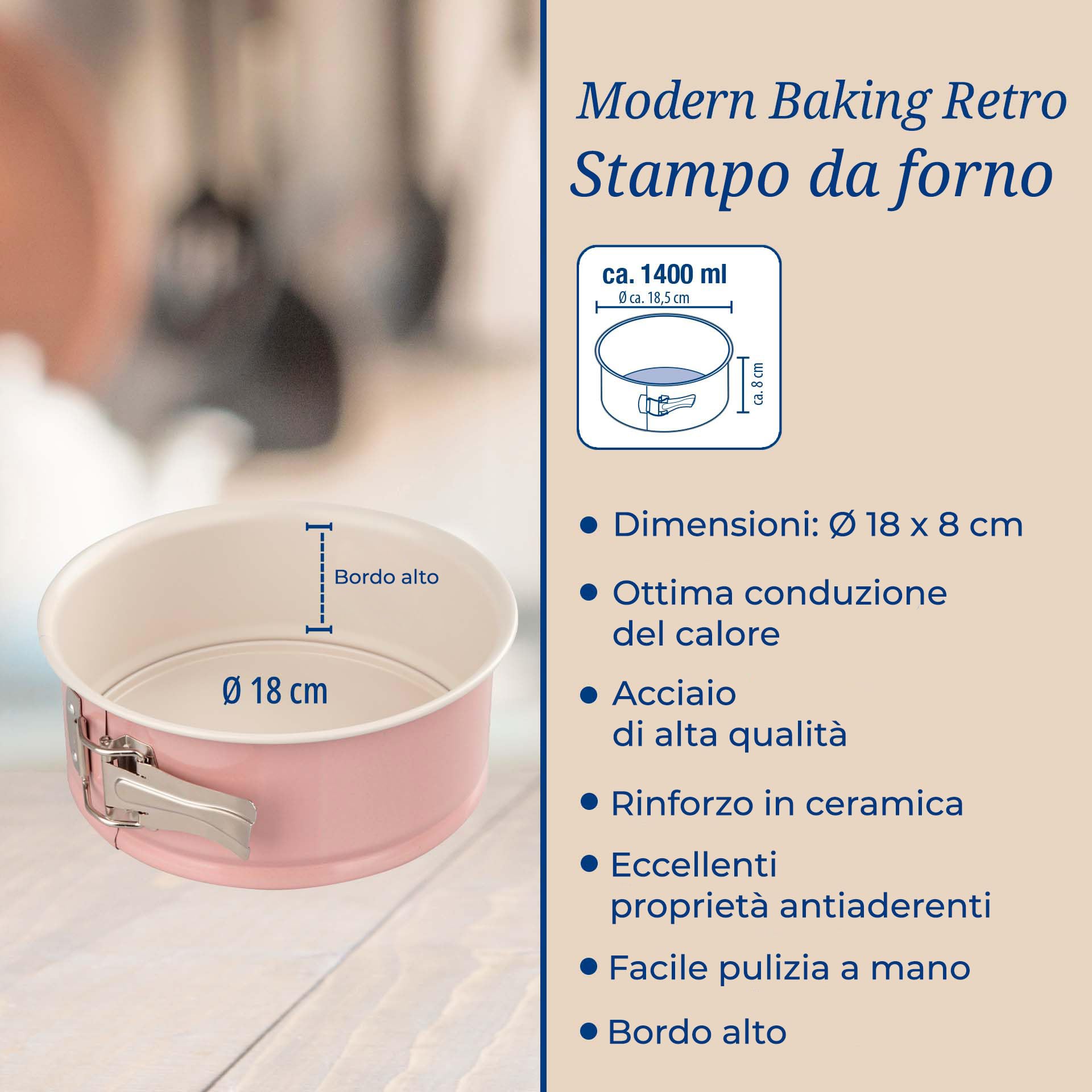 Dr.Oetker Stampo apribile in acciaio rivestito con ceramica rinforzata ø18cmx8, Linea Retrò, colore: rosa e panna, quantità: 1 pezzo