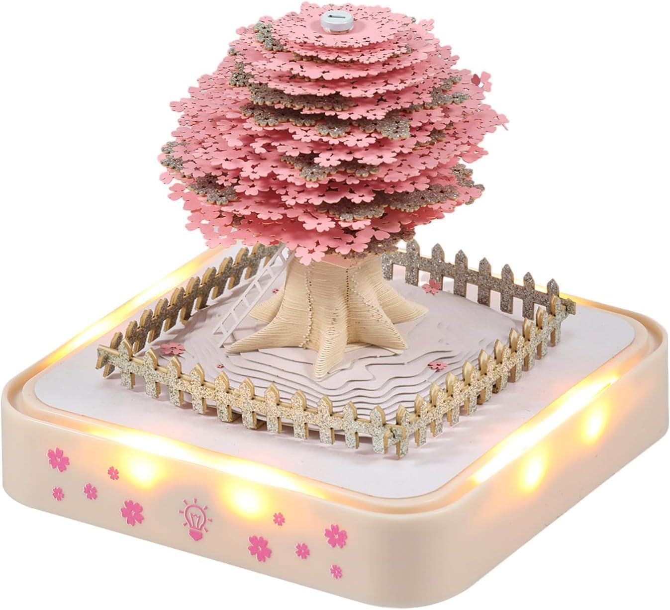 3D Notepad, 3D Calendar Tear Off 2025, 2025 Desk Calendar Notepad with Light, Paper Sculpture Desktop Ornament (Sakura Tree with Light)