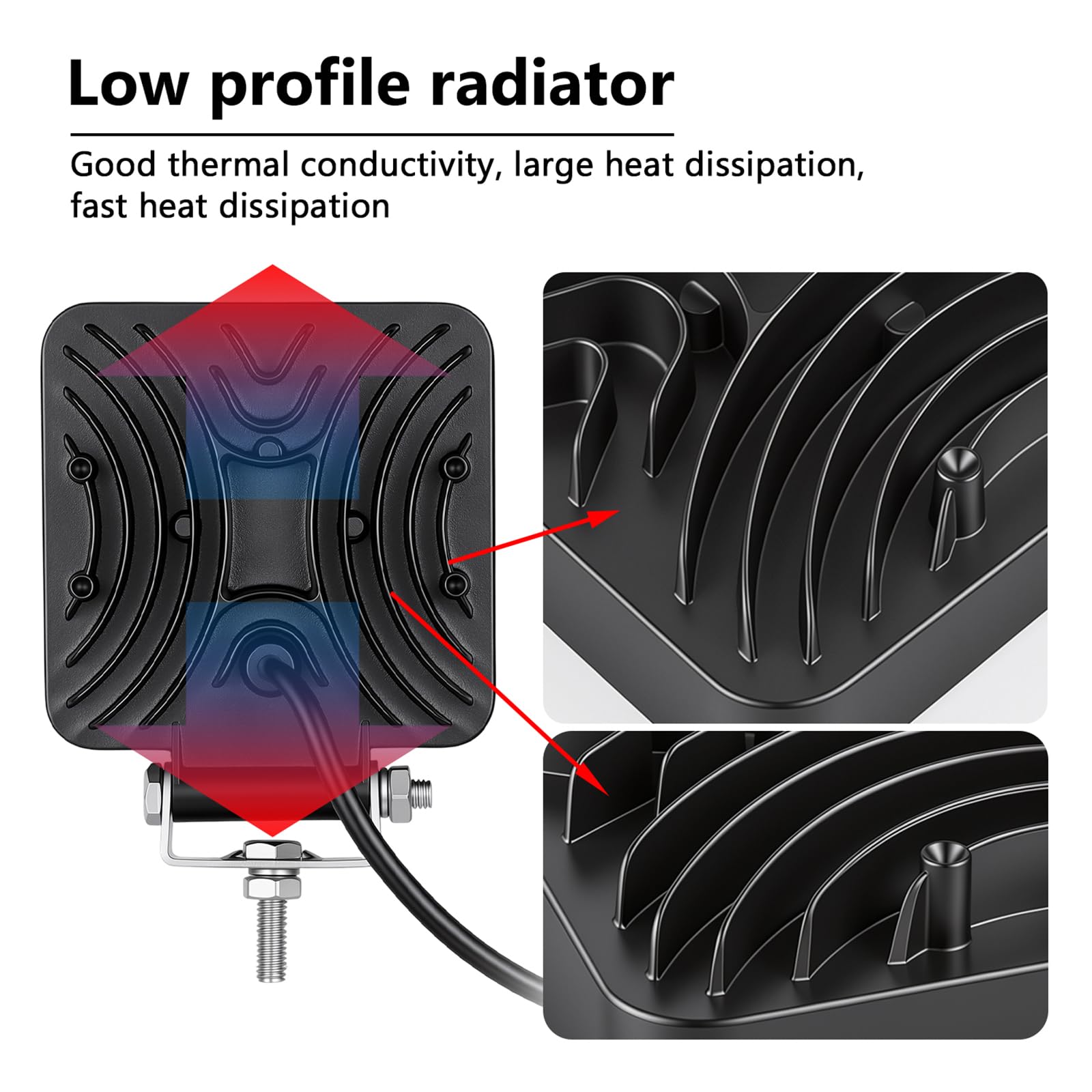 RIGIDON Kwadratowe oświetlenie robocze LED, 10 cm, 48 W, wiązka powodziowa, 12 V, 24 V, lampa do samochodu, terenowego, łodzi, ciężarówki, 4 x 4 SUV, ATV, ciągników, koparki, 6000 K, białe, lampa