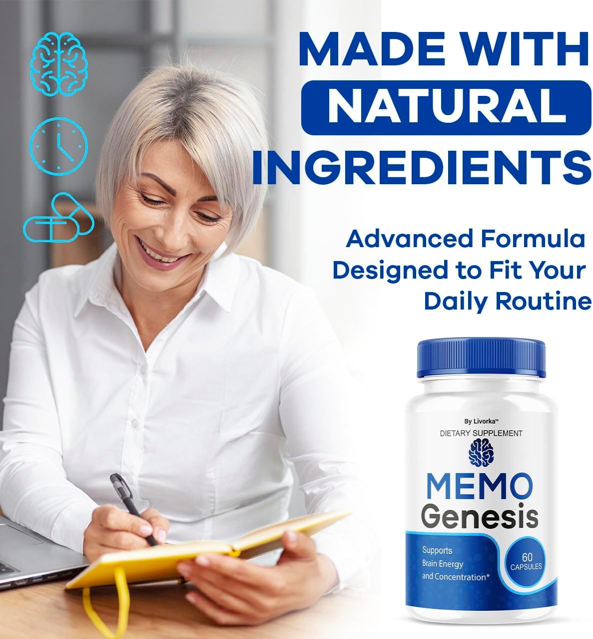 Memo Genesis Capsules - Original MemoGenesis Brain Health Daily Support Pills Natural Advanced Formula Cognitive Health & Function to Help Maintain Clarity Focus, 60 Capsules for 1 Month - Image 5