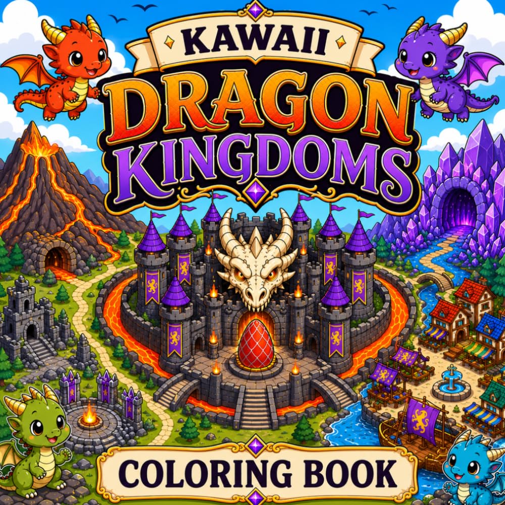 Kawaii Dragon Kingdoms Coloring Book: 50 Cute Fantasy Maps, Magical Dragon Realms and Whimsical Adventure Kingdoms for All Ages