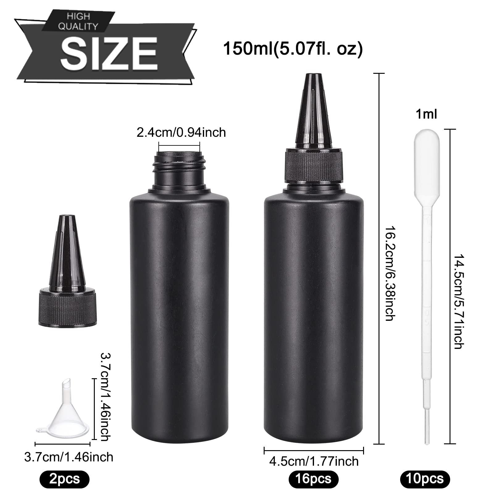 BENECREAT 16pcs 150 ML/5.07oz Noir Bouteilles Compressibles en Plastique avec Entonnoirs 2 pièces et Pipettes de Transfert 10 pièces pour Colle de Peinture