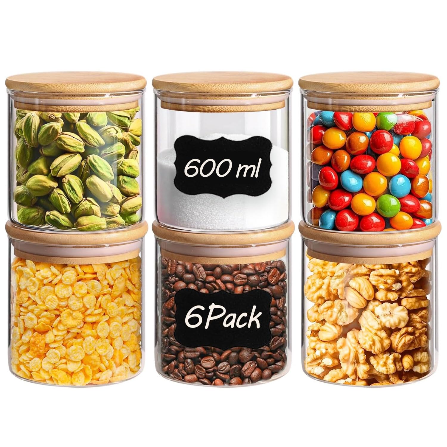 ComSaf Airtight Glass Food Storage Jars Set of 6, 600ml Clear Glass Food Storage Container with Sealing Wooden Lid, Stackable Spice Jar, Round Kitchen Canister for Sugar, Tea, Coffee bean, Pasta