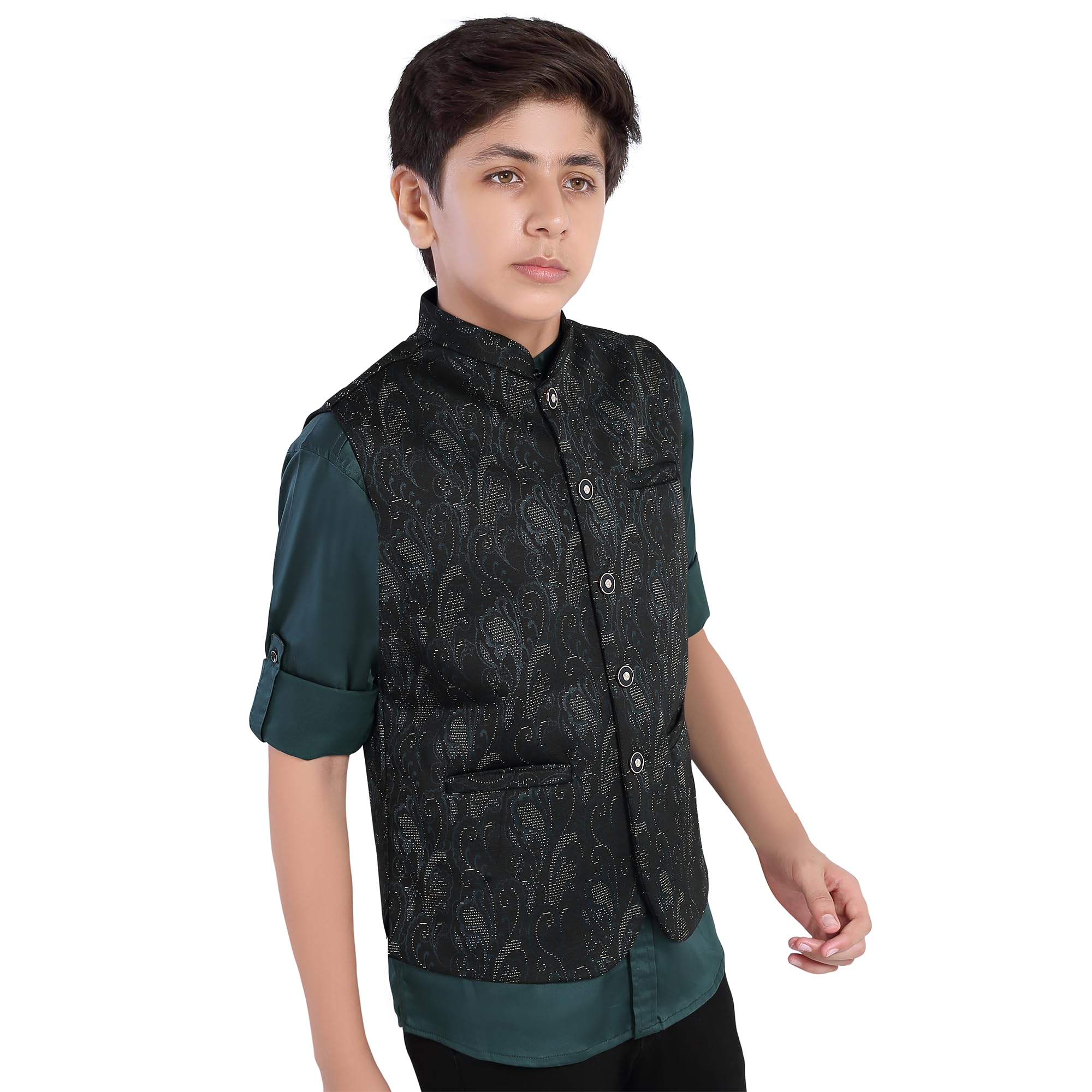 CHARCHIT Boys Green Printed Nehru Jacket and Shirt