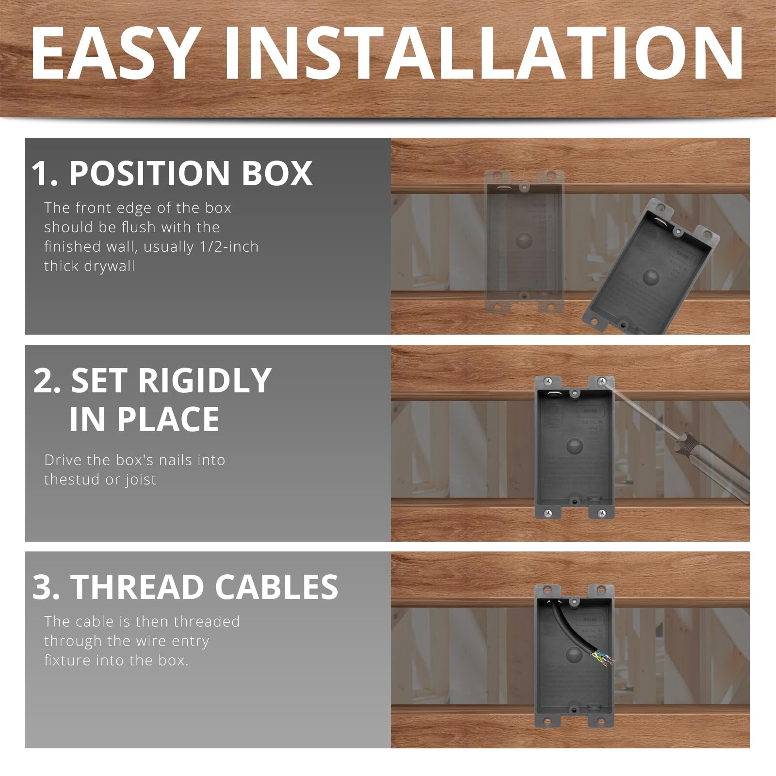 HUIXHAO 1-Gang Old Work Electrical Outlet Box – 8 Cu.In, Adjustable Tabs, High-Density PVC, ETL Listed For Wall Switches & Outlets