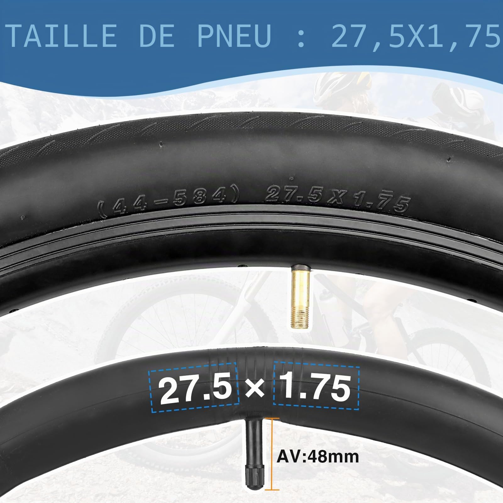 MEGHNA Lot de 2 pneus de vélo 27,5" en nylon anti-crevaison 27TPI 27,5 x 1,75 avec gaine + 2 chambres à air 27,5 x 1,75/2,125" + 2 démonte-pneus