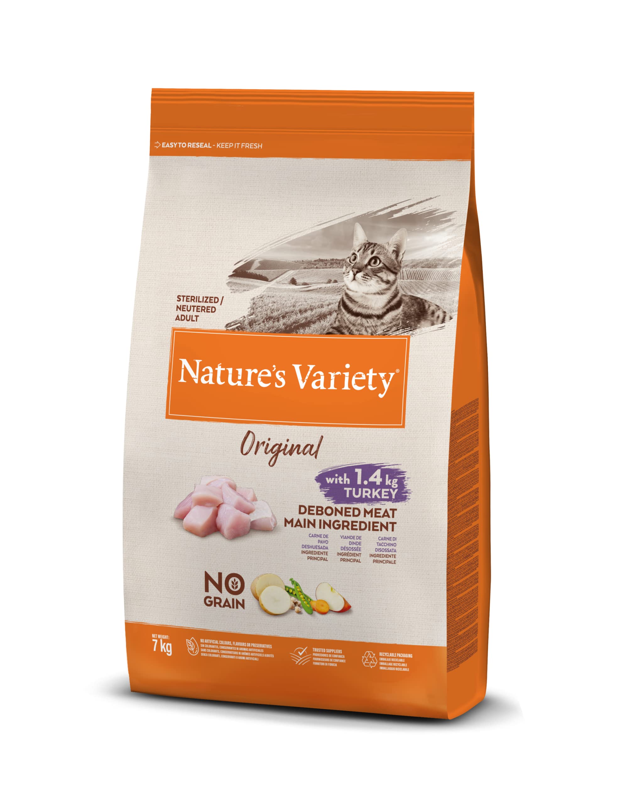 Nature's Variety Original No Grain, Pienso para Gatos Adultos Esterilizados, Sin cereales, con Pavo deshuesado, 7kg, 1 unidad
