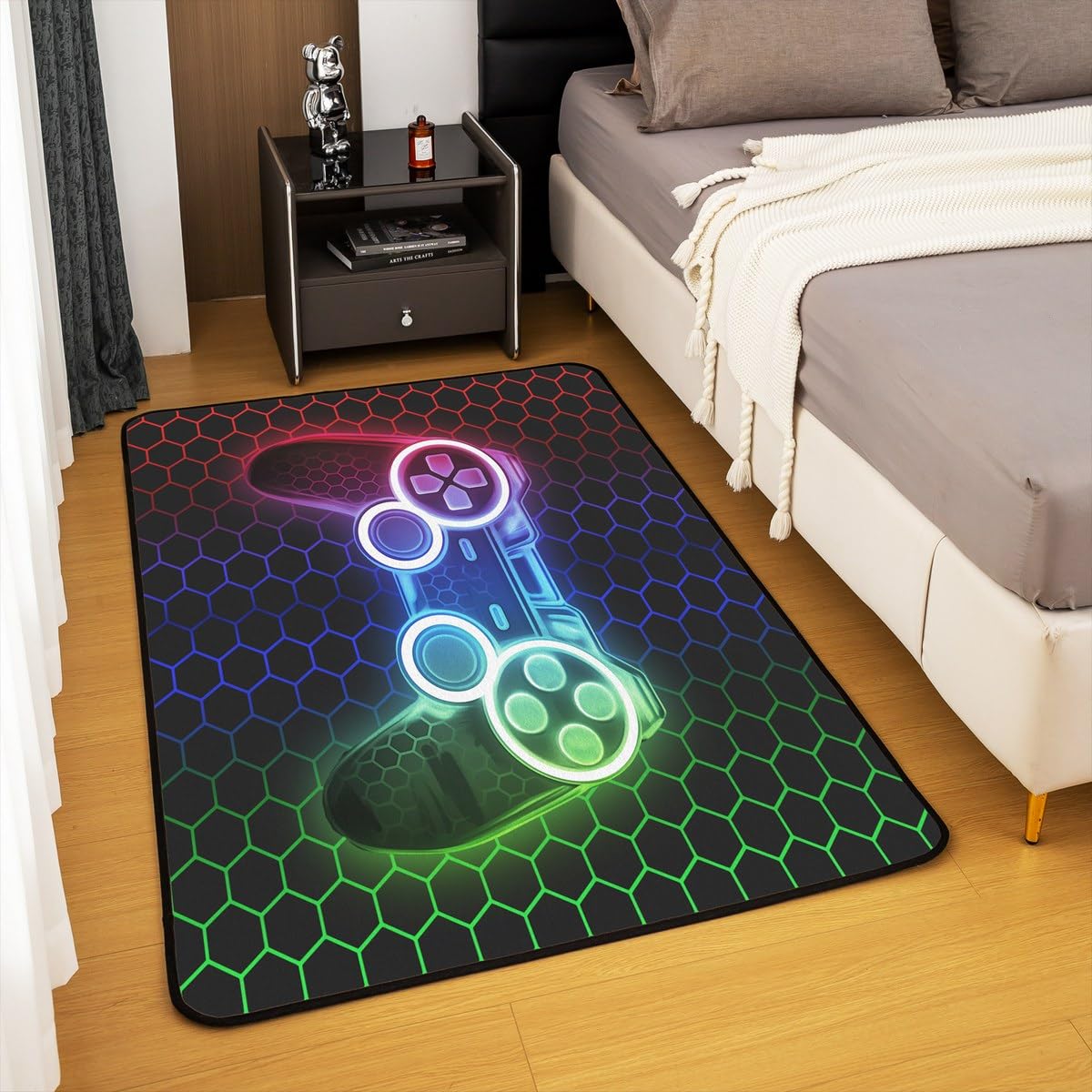 Loussiesd Dywan dla graczy dla dzieci 150 x 200 cm o strukturze plastra miodu dywan do salonu chłopcy dziewczęta gamepad dekoracyjny dywan konsola do gier kontroler nastolatki wewnętrzna mata
