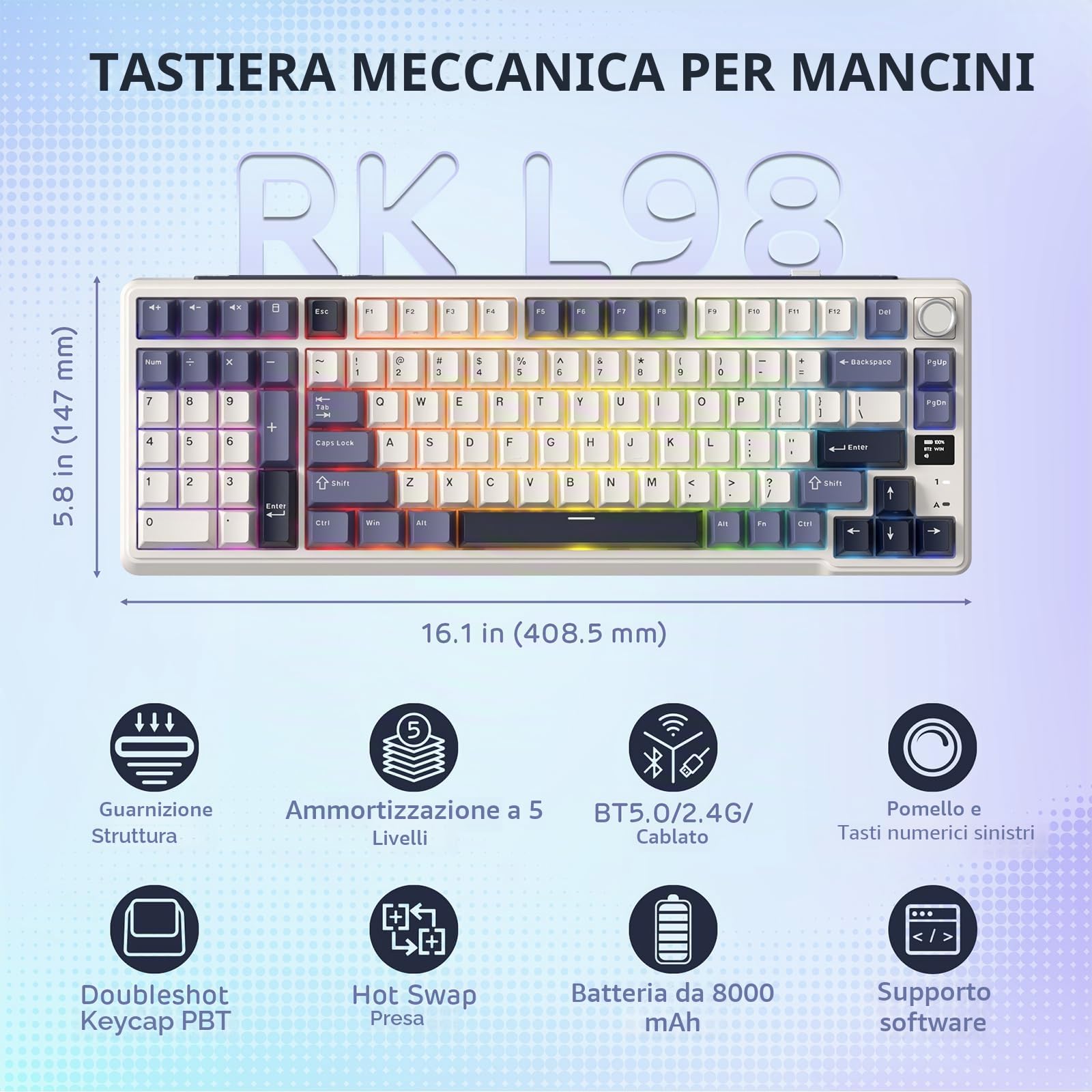 RK ROYAL KLUDGE Tastiera meccanica con montaggio a guarnizione L98 con schermo di visualizzazione e manopola hot-swap, Tri-Mode BT/2.4G/USB-C 95% tastiera wireless con tasti numerici sinistri, hot | Tastiera da gioco per mancini con controllo rotativo, 95