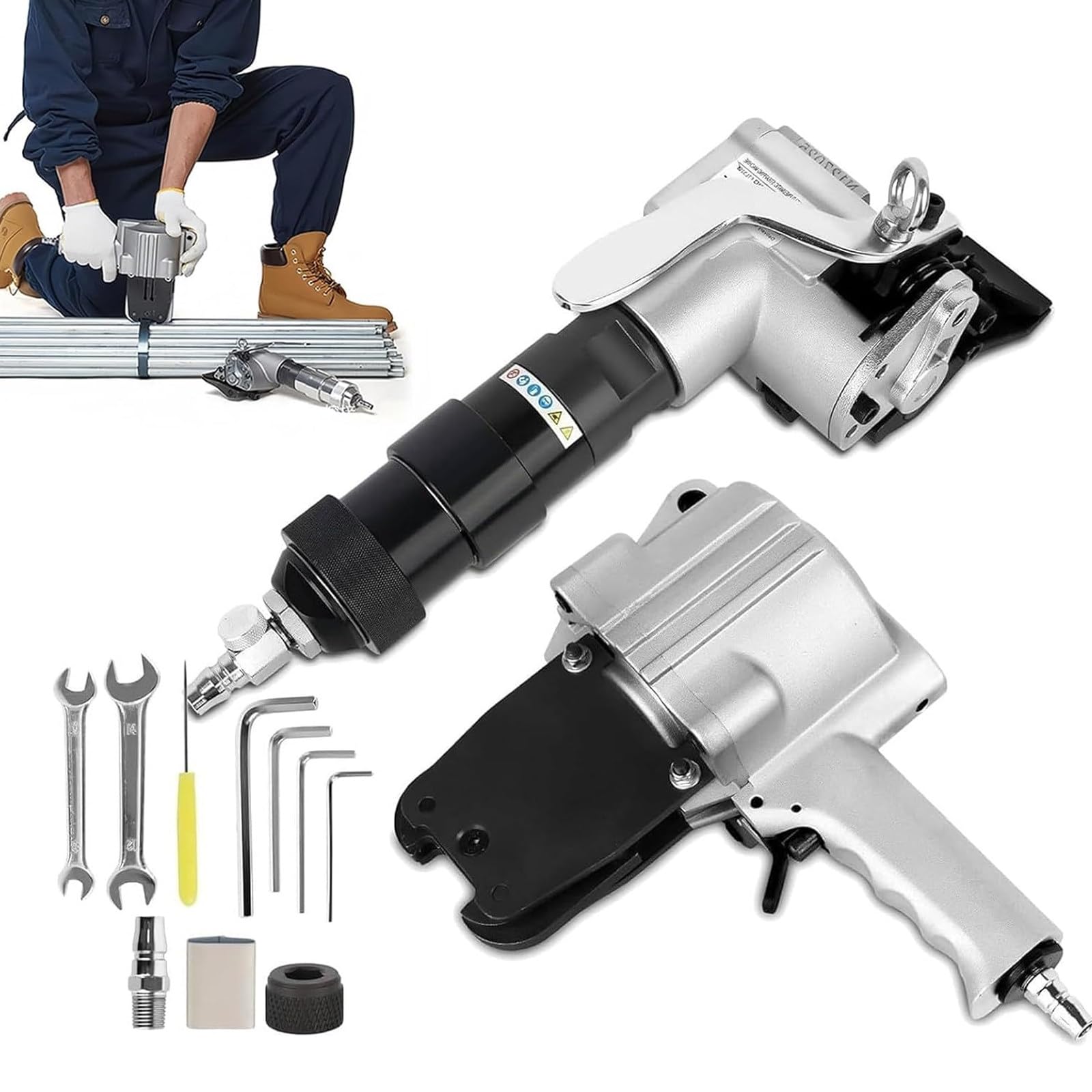 YXZYFPP Pneumatic Steel Strapping Machine, Metal Strapping Tool with Tensioner, Cutters, and Sealer for 19mm/25mm/32mm Width Heavy-Duty Metal Belt Packaging (19mm)