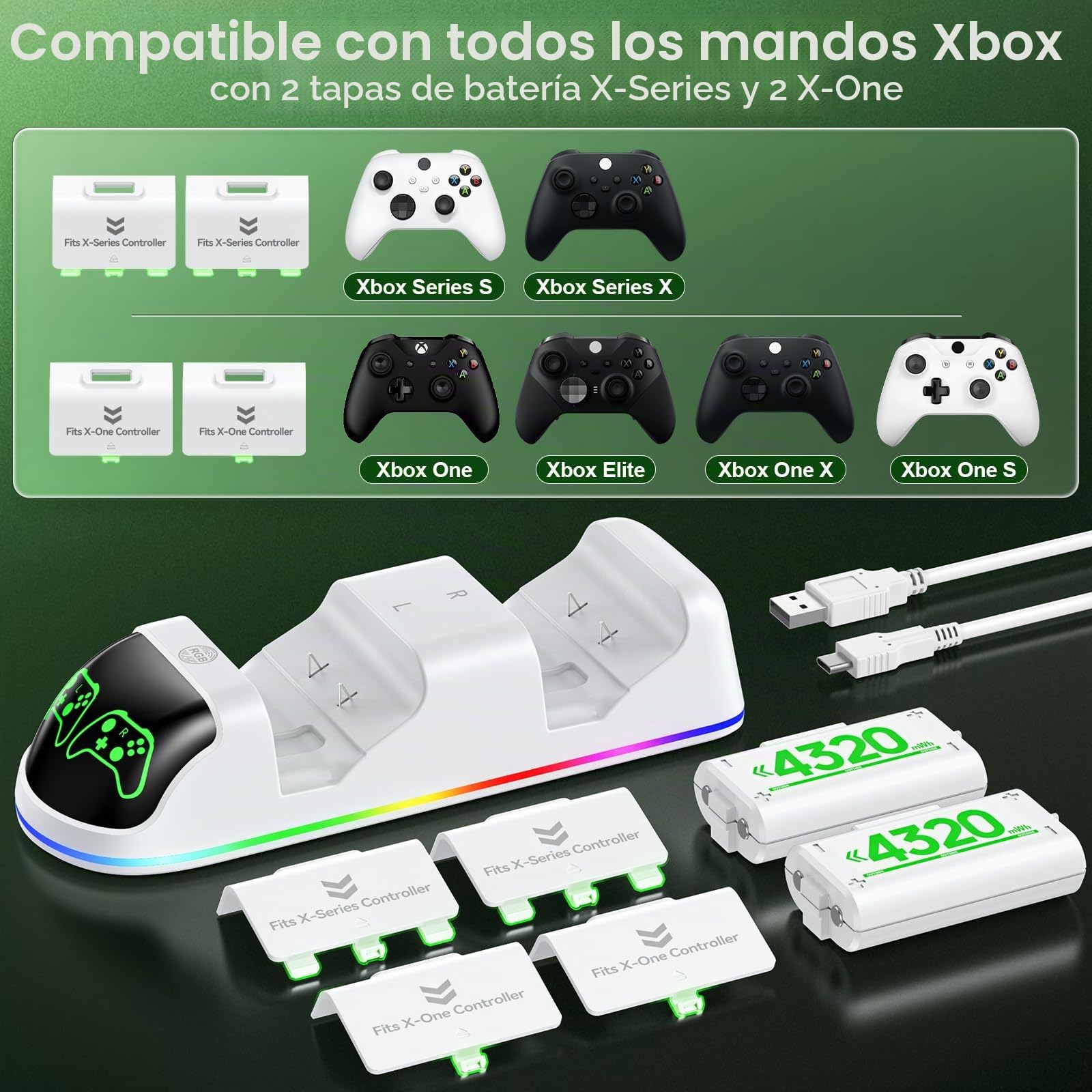 OIVO Cargador con 2 Baterías Recargables para Xbox One/Xbox Series X/S Mantel, Estación de Carga con 2 x 4320mWh Baterías Recargables