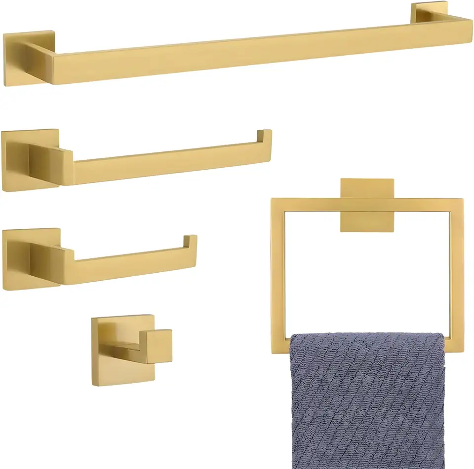 Kit Acessórios para Banheiro 5 Peças Dourado Ouro Escovado - Aço Inox 304 Maciço com Porta Toalha Papeleira e Ganchos