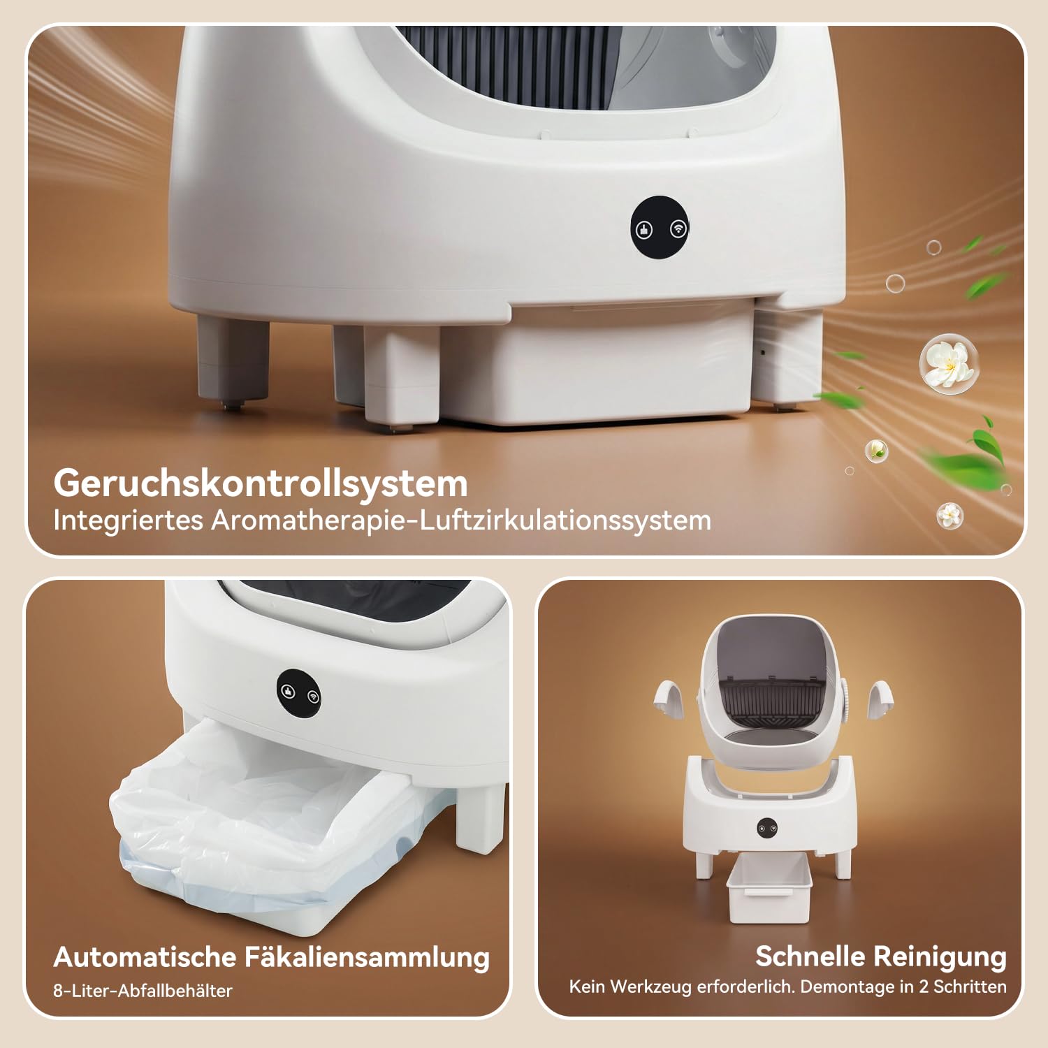 Selbstreinigende Katzentoilette, Katzenklo Selbstreinigend mit Sicherheits Geruchskontrolle, Automatischer App-Steuerung für Katzen, Inklusive Katzenstreumatte,Müllbeutel und Duftbox, Weiß