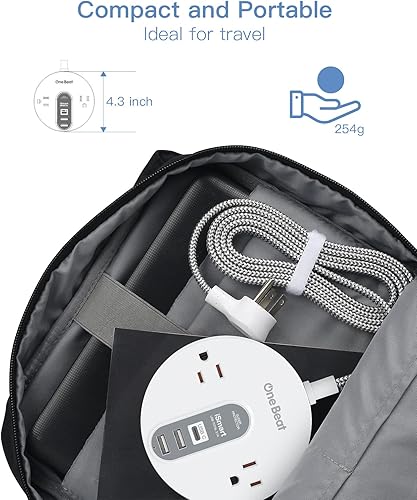 Miniatura 6 de Regleta protectora contra sobretensiones con USB C - Cable de extensión de enchufe plano con 2 salidas de CA ampliamente y 3 USB, pequeña estación