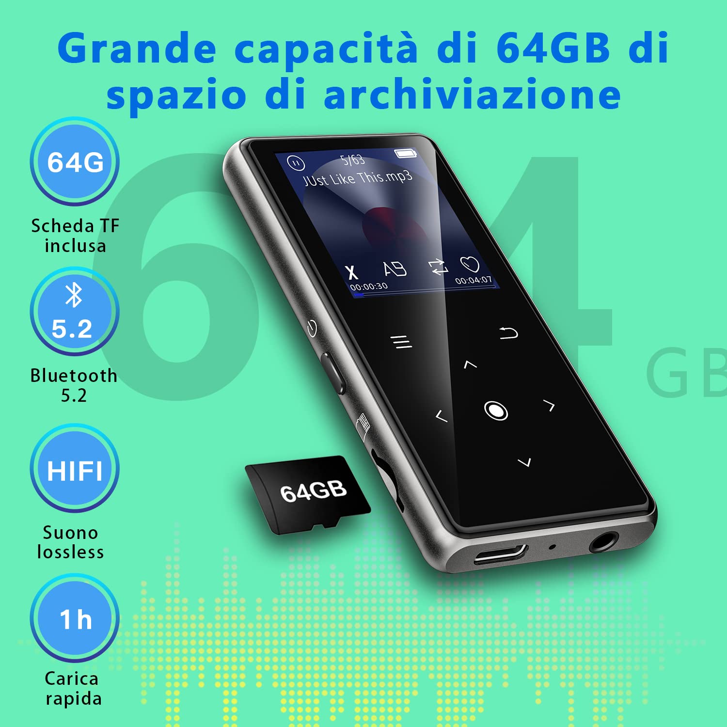 64GB Lettore MP3 con Bluetooth 5.2, AiMoonsa Lettore Musicale con Altoparlante HD Integrato, radio FM, Registratore Vocale, Suono HiFi, Peso 0,15 lb, Funzione E-book, Auricolari Inclusi