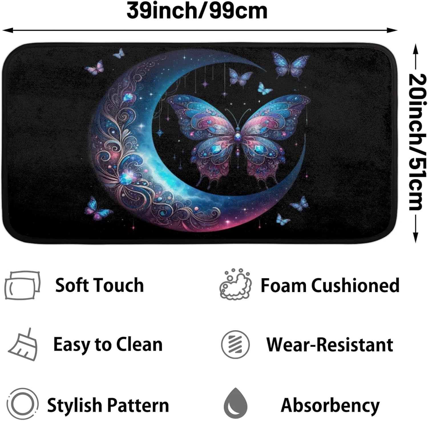 Kitchen Rug Black Animal Butterfly Non-Slip Washable Mats Anti Fatigue Soft Absorbent Carpet Welcome Mat for Kitchen,Indoor,Entryway, Sink,Laundry Home Decor