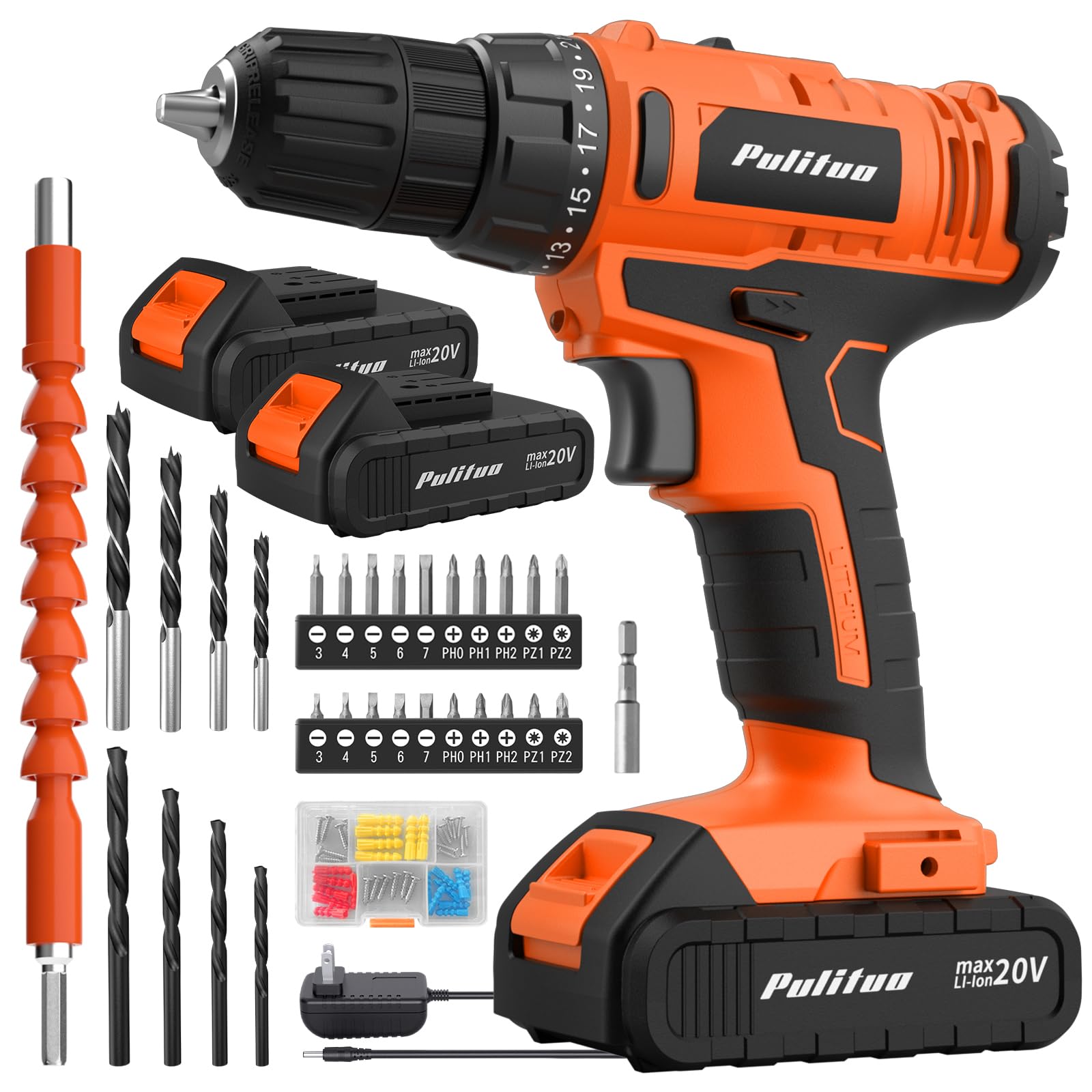 PULITUO 20V Cordless Drill/Driver, 2 Batteries Electric Screwdriver, 30Nm Power Drill Driver, 21+1 Torque, 2 Speed, 3/8"Keyless Chuck, power Drill