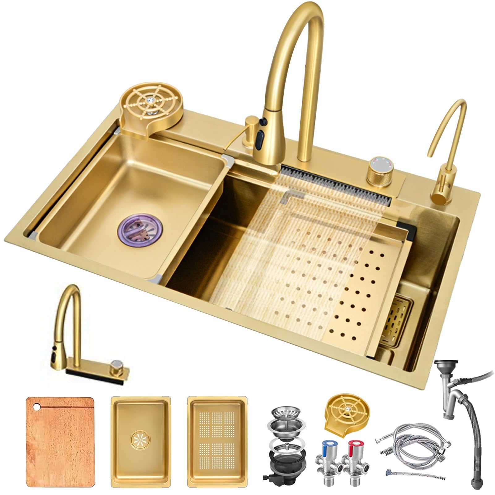 ZQFHSX Gold Waterfall, Bar Sink, 304 Stainless Steel Domestic Set,Integrated with Removable Faucet, Drop-in Or Undermount Installation (Color : Gold, Size 80x45cm)