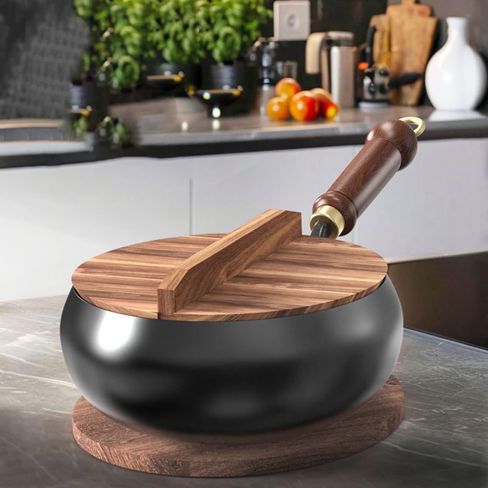 Padella in ferro forgiato a mano, 24 cm, con manico in legno, per wok tradizionale cinese, senza rivestimento, per cottura a induzione e a gas, effetto antiaderente naturale, con manico in