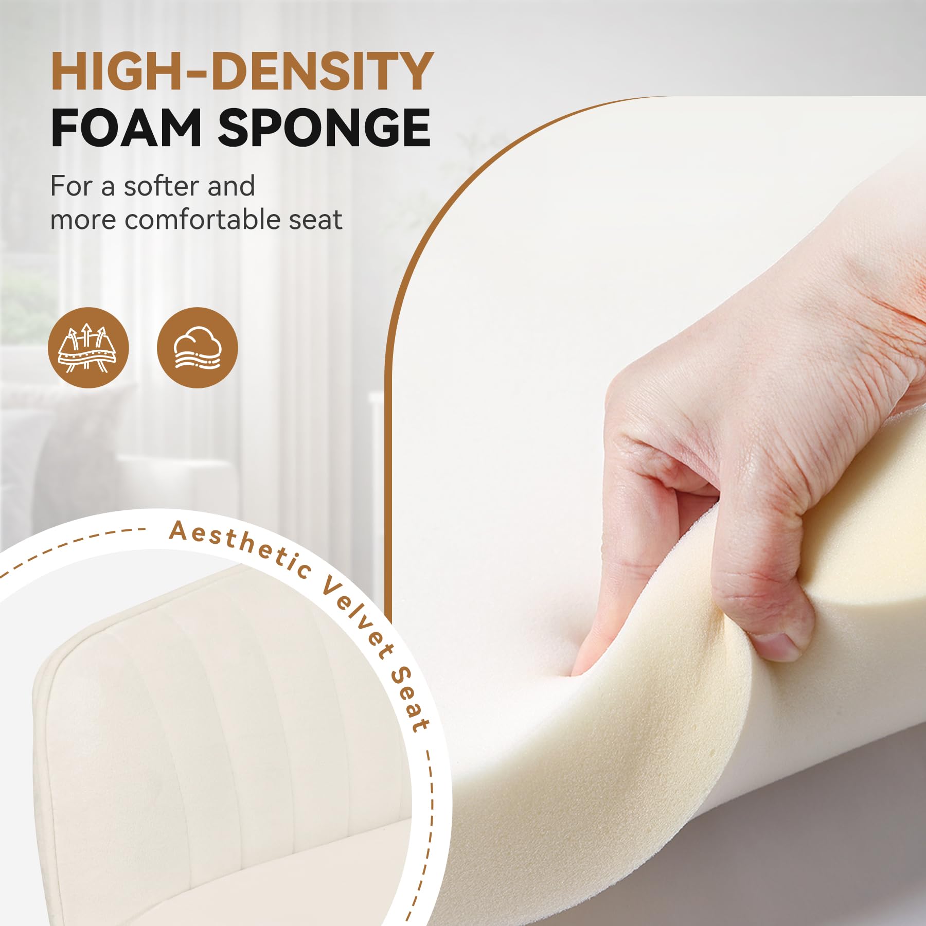 Homeoffice Stuhl, SamtStuhl mit Kopfkissen, 360° drehbar Höhenverstellbar Bürostuhl ergonomisch, Schminkstuhl Drehstuhl，für Arbeitszimmer Schlafzimmer,bis 120kg belastbar Beige