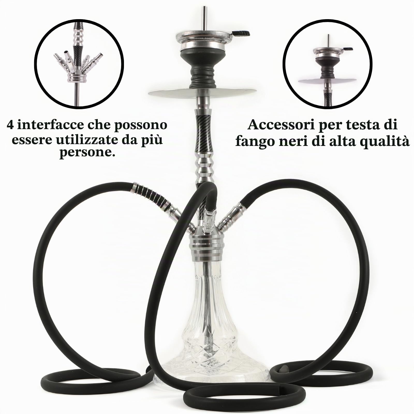 RMAN® Narghilè Completo 66cm Professionale Alluminio Argento | Grande, Alta Qualità, 3 Tubi Silicone, Include Pinza per Carbone, Include Testina, Include Accessori