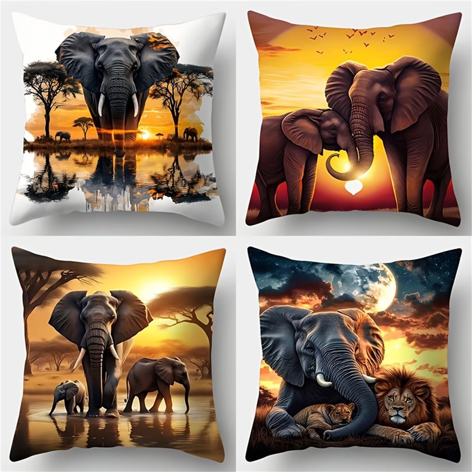 QiHon Sunset Elephant Cushion Covers 30x30 cm Set of 4, Decorative Throw Pillow Cases, 12x12 inch Square Linen Pillowcases for Sofa Living Room Bedroo