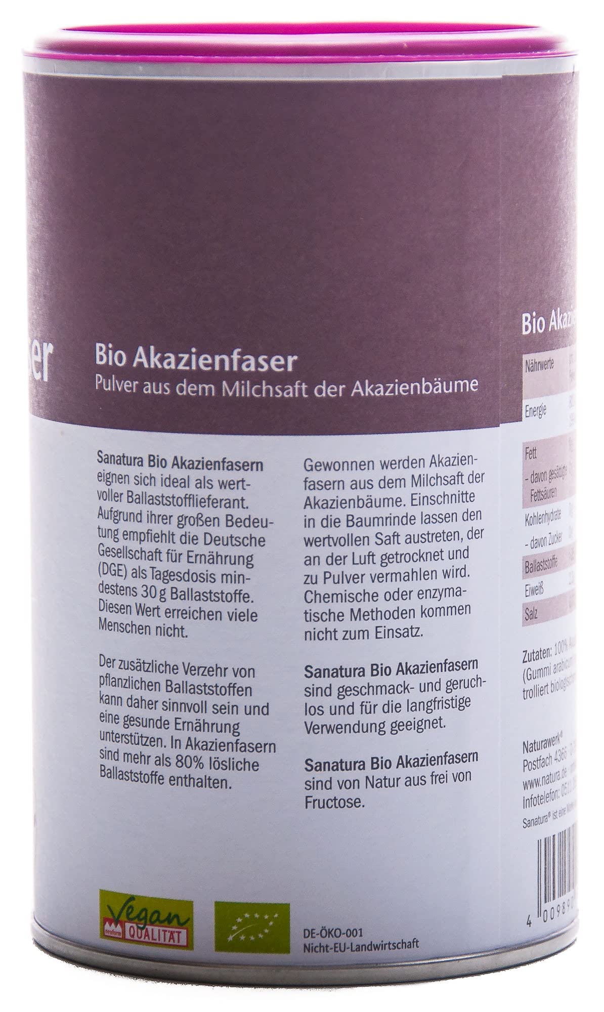 3 x 180 g Sanatura Akazienfaser Pulver Bio – 540 g – wertvoller Ballaststofflieferant aus Akazienfasern - lösliche Ballaststoffe - vegan, glutenfrei und fructosefrei – gut verträglich