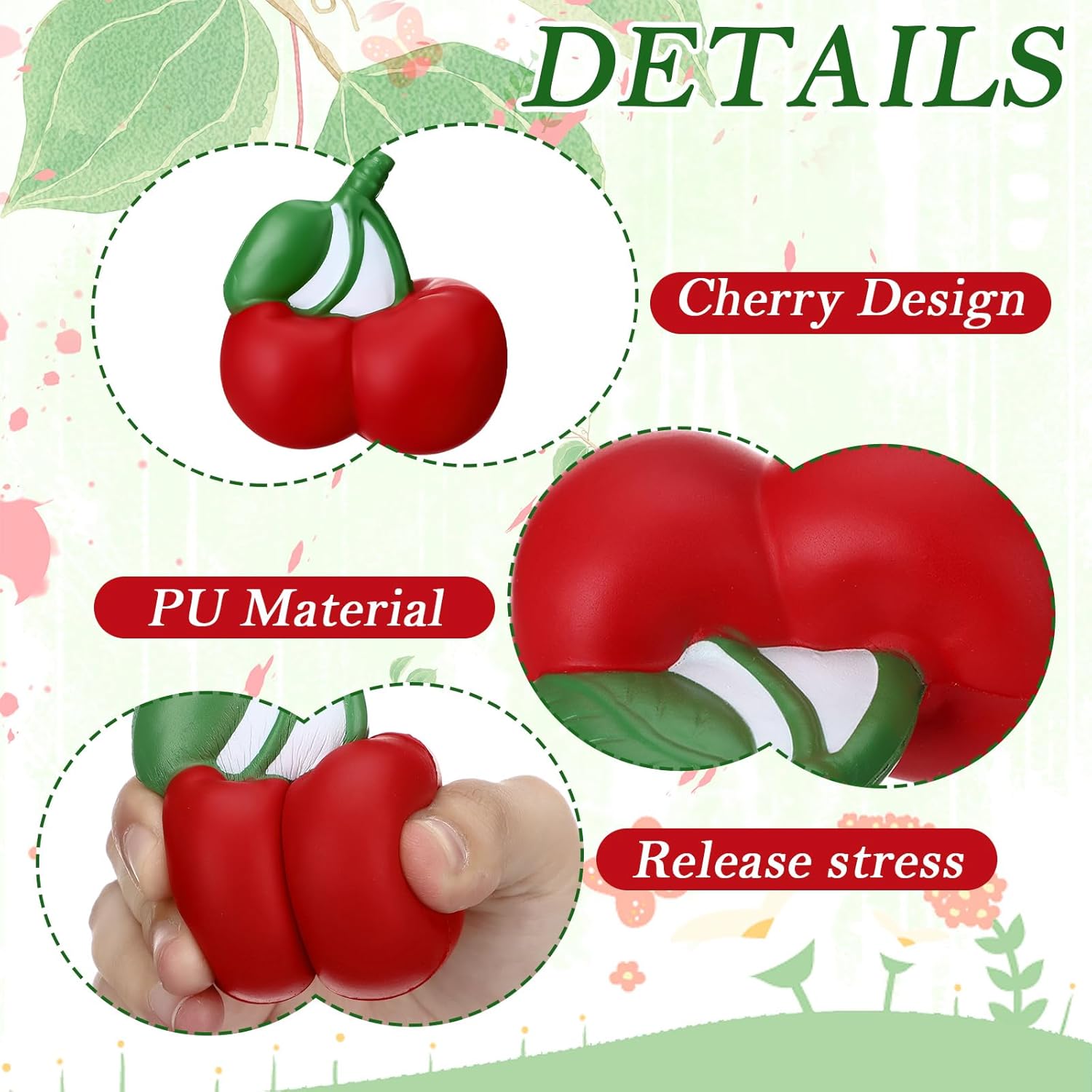 Jenaai 10 Pcs Cherry Stress Ball Sweet Cute Fruit Stress Relief Toys for Kids and Adults, Durable PU Sensory Fidget Toys for Anxiety and Relaxation, Gifts Basket Stuffer