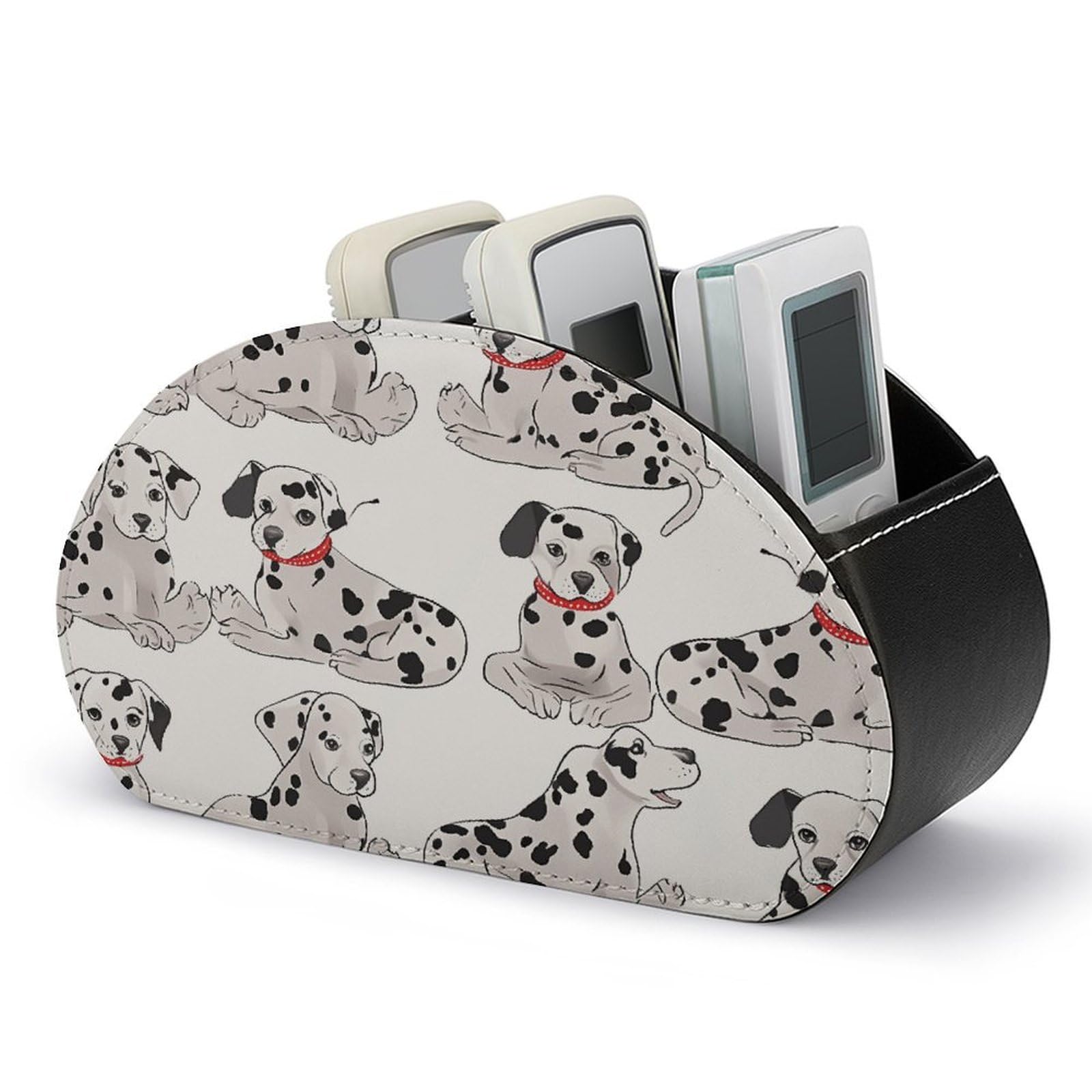 VstaDank Cute Dalmatian Remote Control Holder with 5 Compartments PU Leather Remote Caddy Desktop Organizer Store TV Remote Control Storage Box for Home Office Desk Nightstand