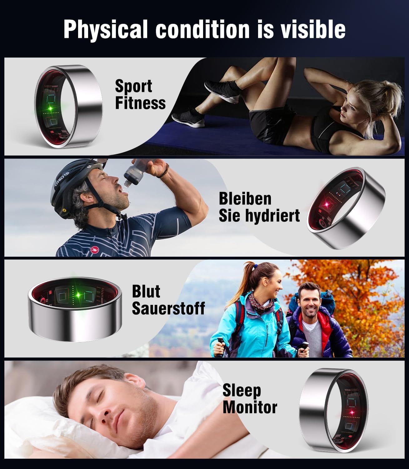 Smart Ring 8.Gen【Branchen Nr.1 – 0 Messfehler】【JZ5.0-Chip】 Sportspezifisch Smartring für Damen Herren Schlafen, SpO2, 200 Modi für Android IOS（Silber, 8）