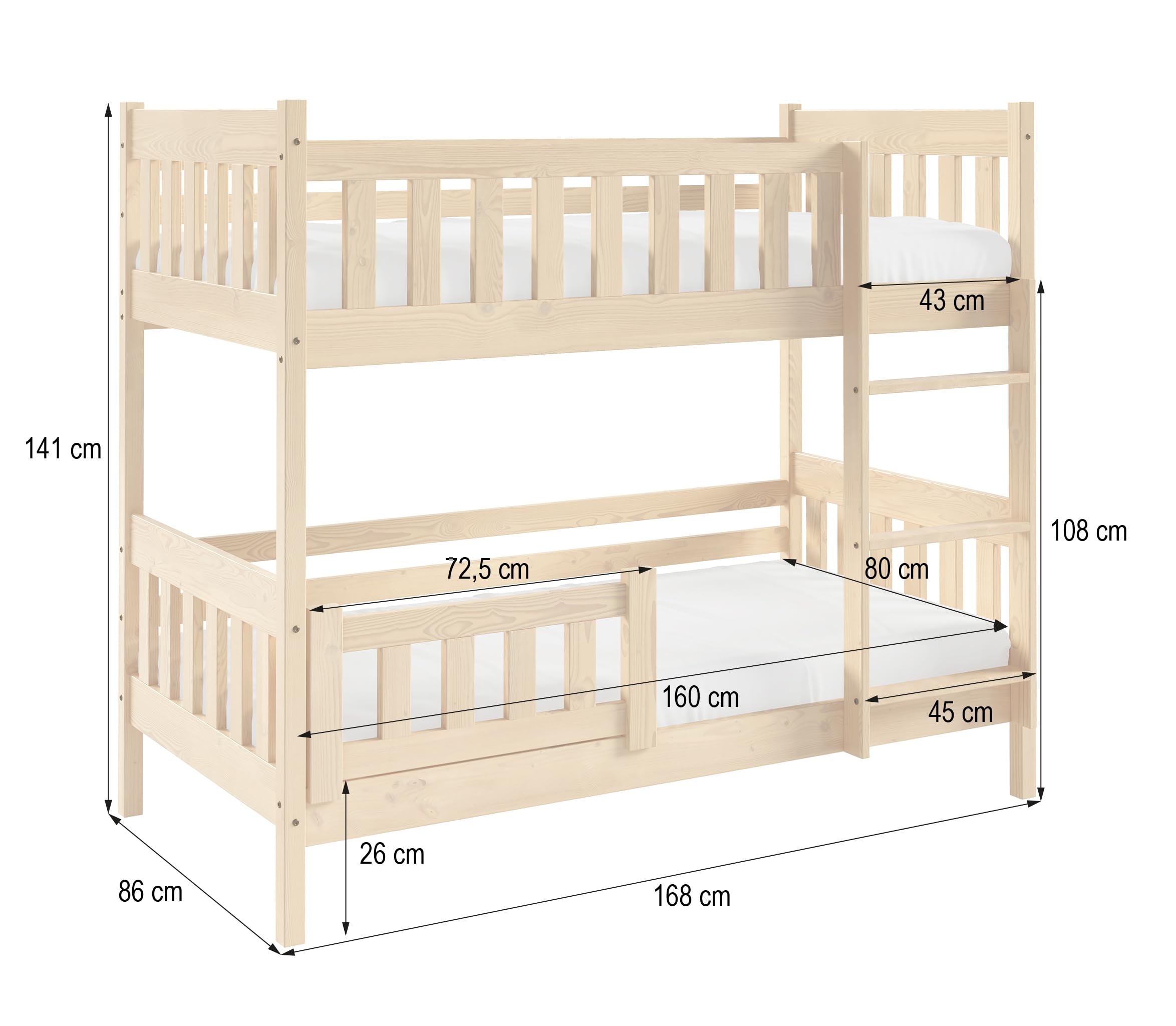 Masseno Etagenbett Lucia 80x160 Weiß, Hochbett mit Treppe, Jugendbett mit Rausfallschutz & Lattenrost, Kinderbett