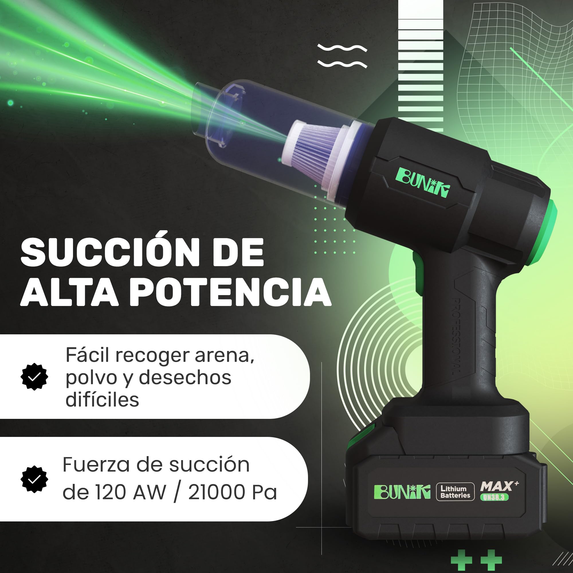BUNIK aspiradora de Mano para Coche | Aspirador sin Cable con 21000Pa y soplador Aire Potente, Ideal para Coche, hogar y Mascota | Ligero, Potente, hasta 37 Minutos