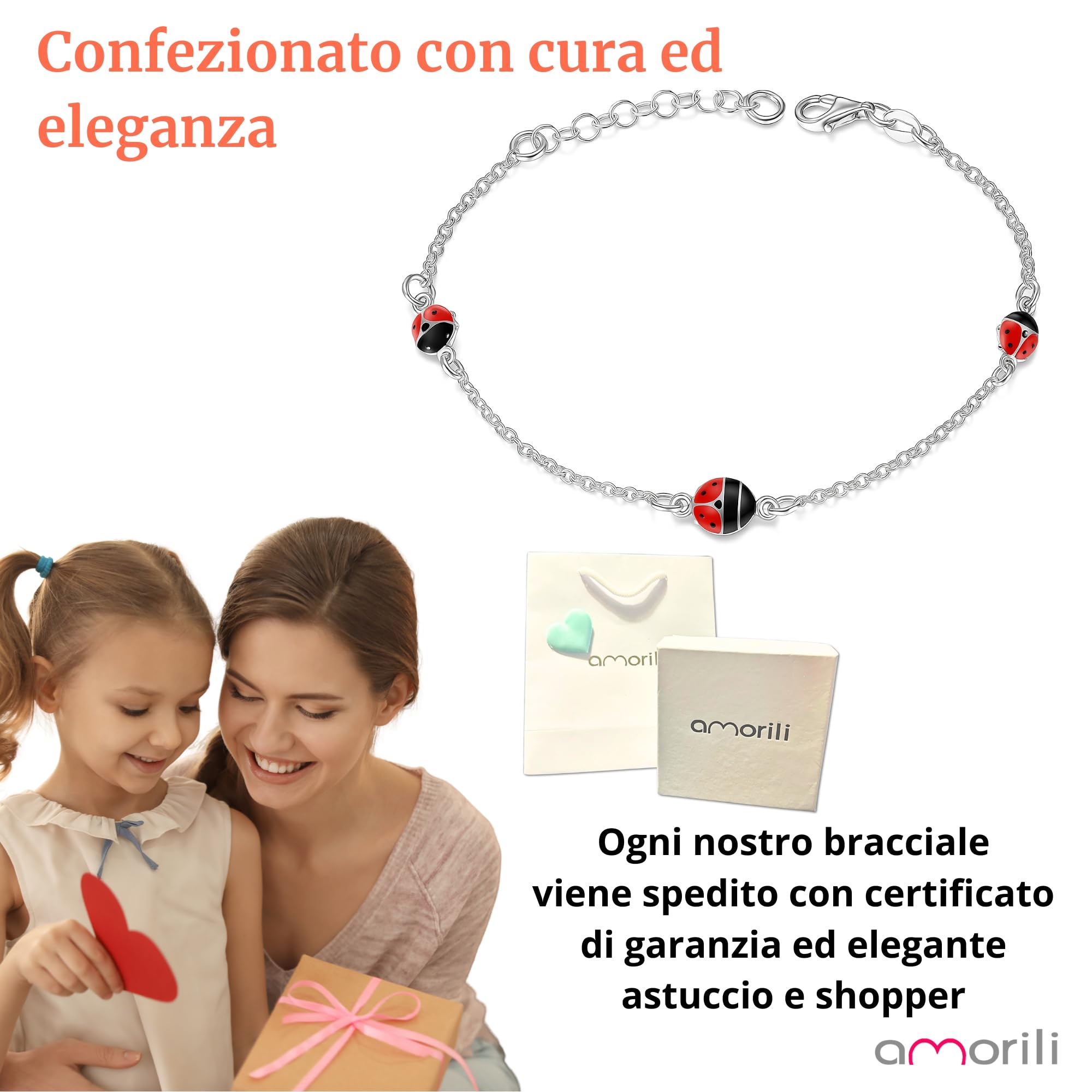 Bracciale Coccinella in Argento 925 per Bambina – Braccialetto Regolabile Portafortuna – Gioiello Ragazza – Idea Regalo Bambine – Confezione Regalo Inclusa