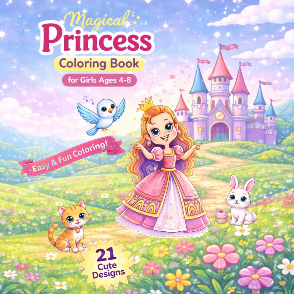 Magical Princess Coloring Book for Girls Ages 4–8: Fun and Easy Coloring Pages with Princesses, Castles and Magical Scenes
